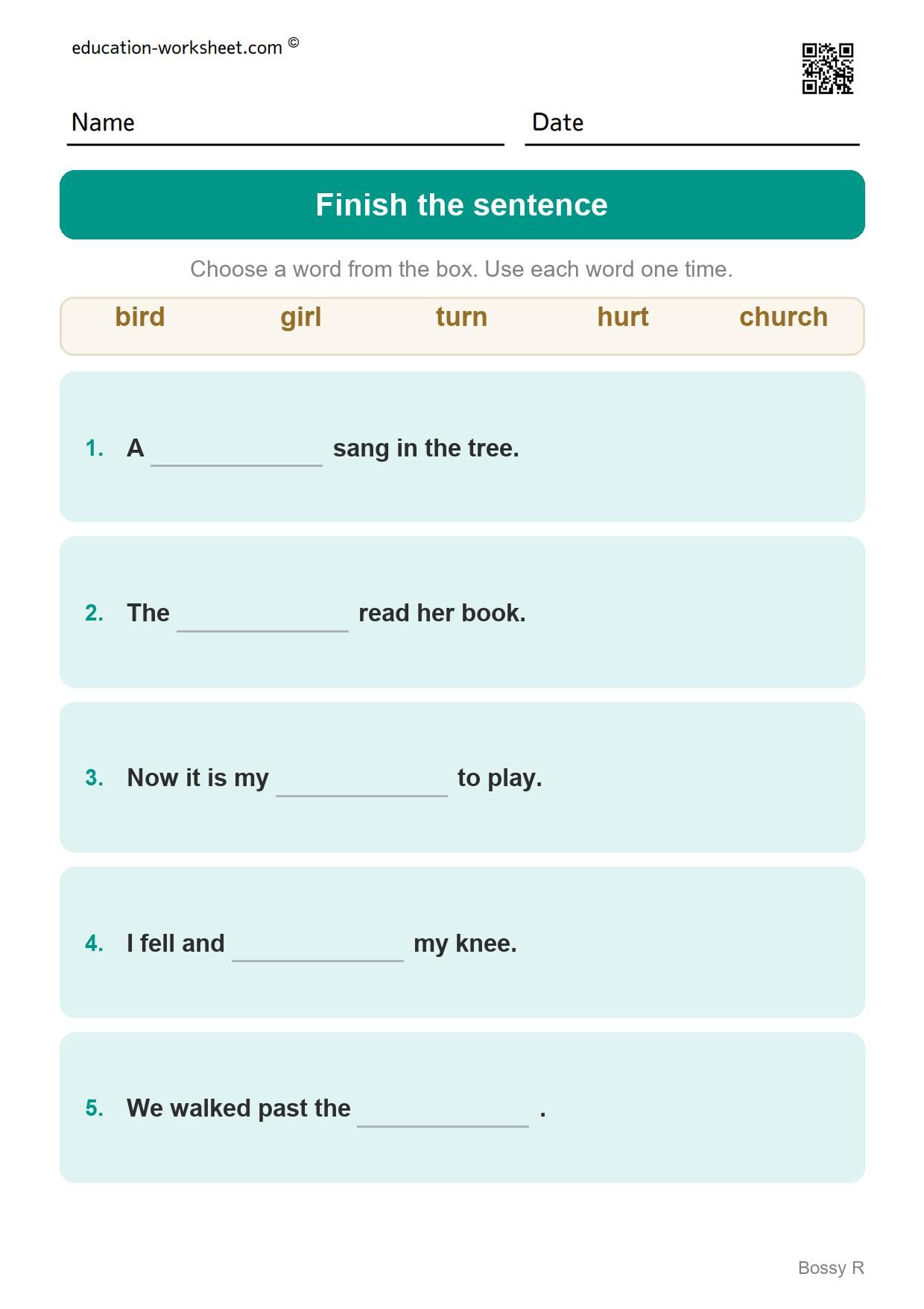 Finish the sentence - er, ir and ur (Set 8) - Free R-Controlled Vowels Worksheets for Grade 1 - Bossy R