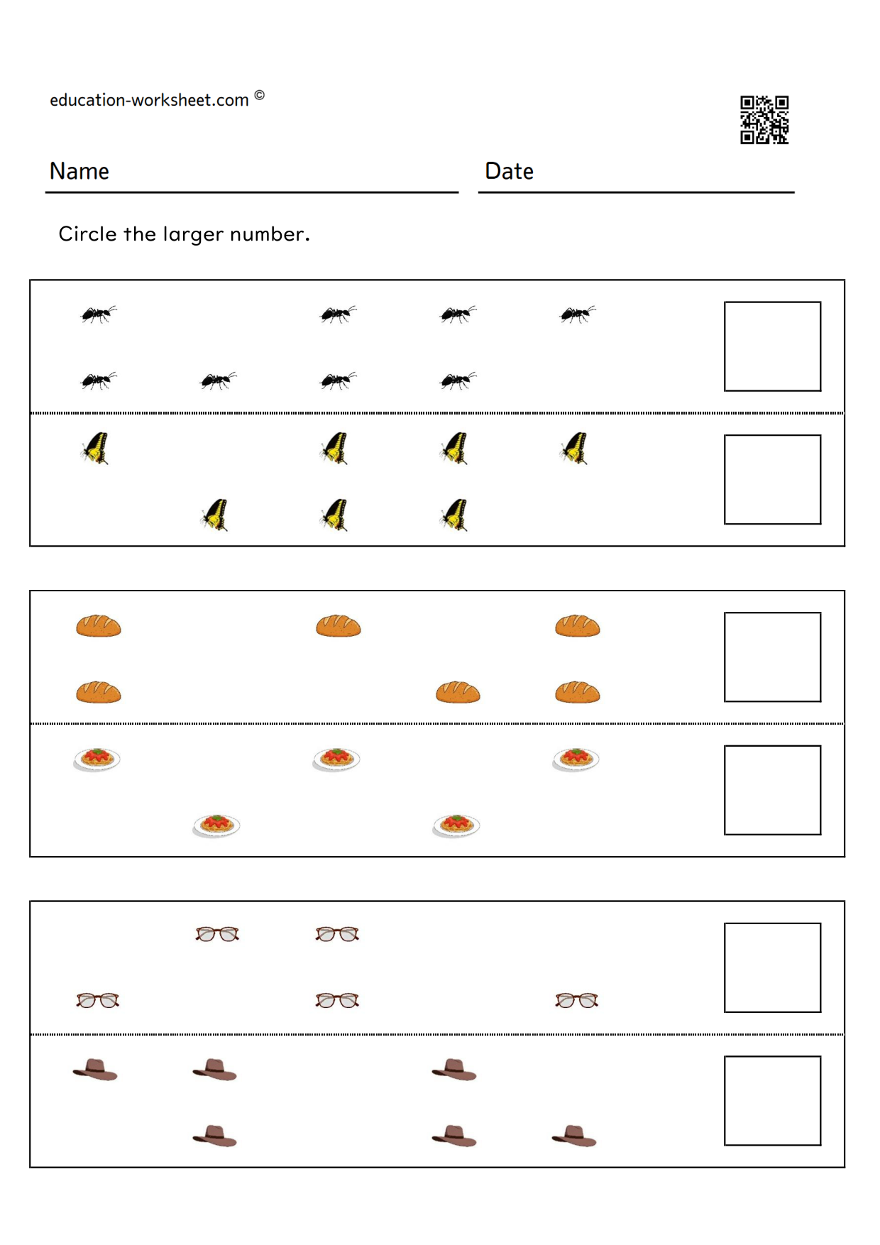 Circle the larger number worksheet 5 - count two rows of pictures and compare (Set 2)