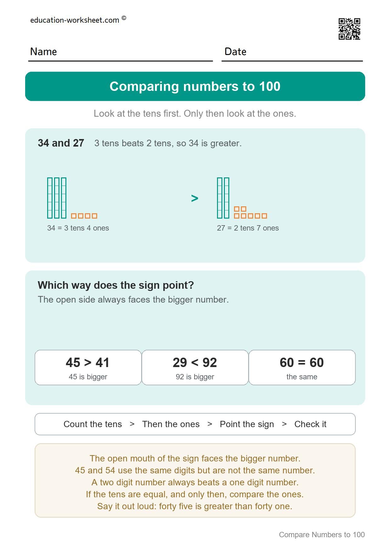 Comparing numbers to 100 (start here) - Free Comparing Numbers Worksheets for Grade 1 - Greater Less