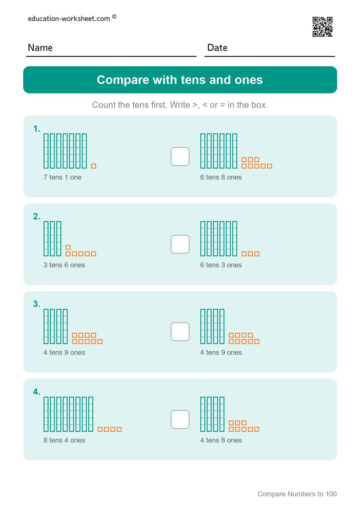 Compare with tens and ones (Set 9) - Free Comparing Numbers Worksheets for Grade 1 - Greater Less