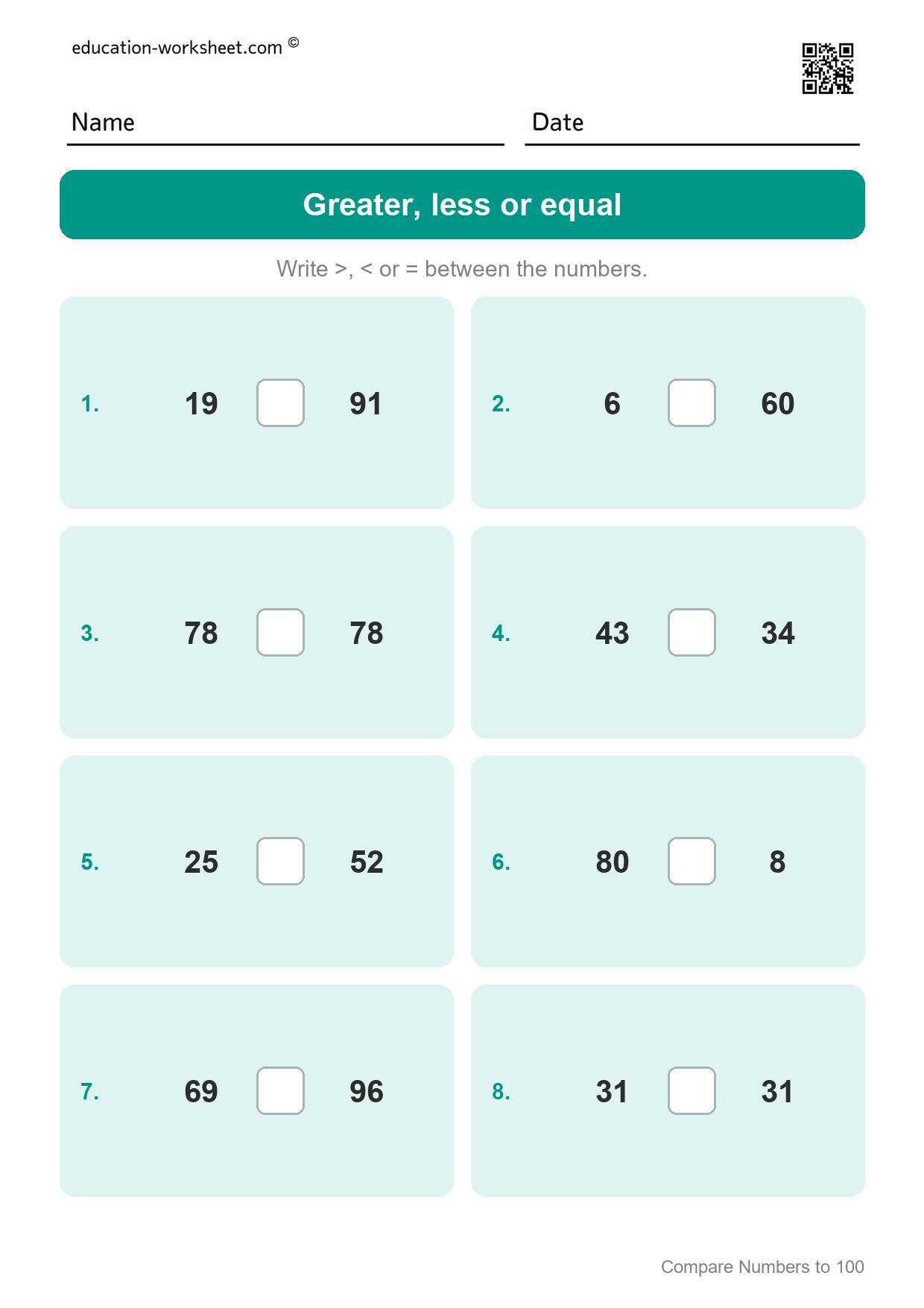 Greater, less or equal (Set 10) - Free Comparing Numbers Worksheets for Grade 1 - Greater Less