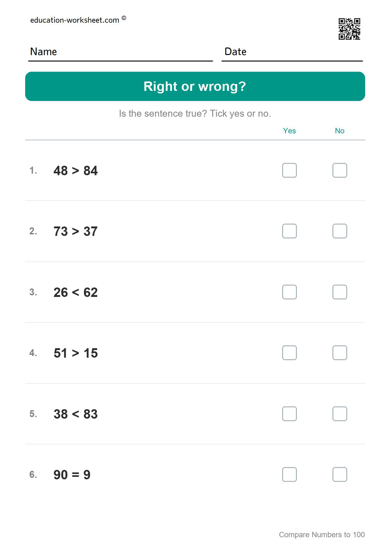 Right or wrong? (Set 11) - Free Comparing Numbers Worksheets for Grade 1 - Greater Less