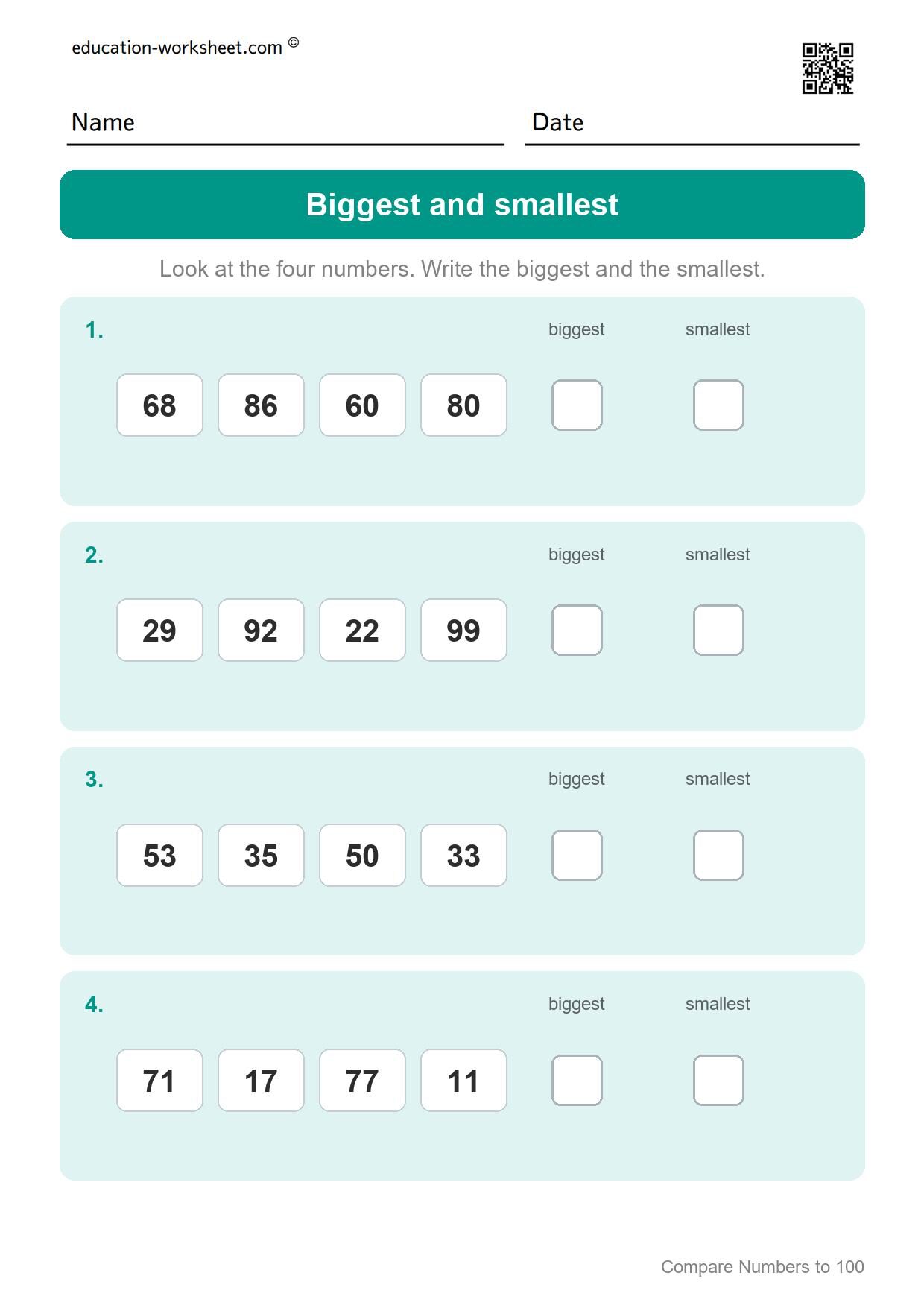 Biggest and smallest (Set 12) - Free Comparing Numbers Worksheets for Grade 1 - Greater Less