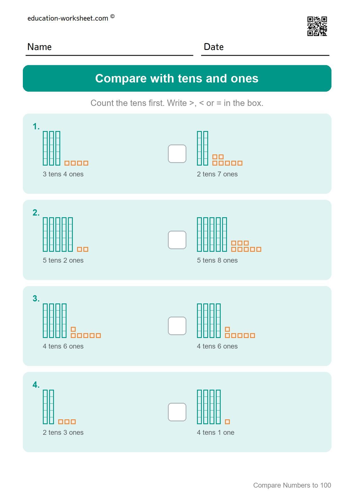 Compare with tens and ones (Set 1) - Free Comparing Numbers Worksheets for Grade 1 - Greater Less