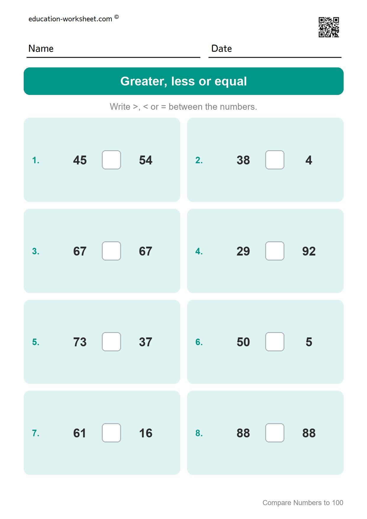 Greater, less or equal (Set 2) - Free Comparing Numbers Worksheets for Grade 1 - Greater Less