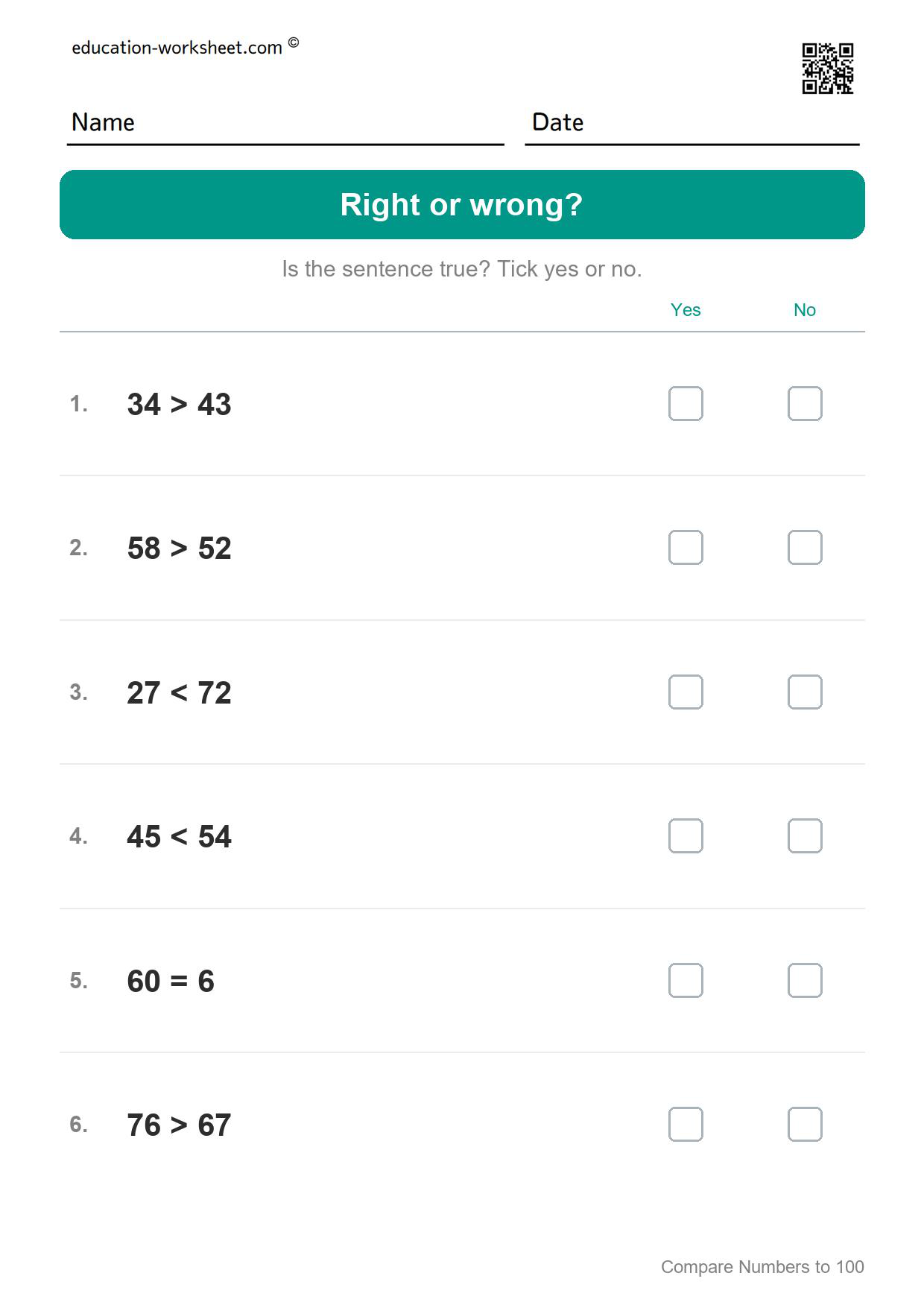 Right or wrong? (Set 3) - Free Comparing Numbers Worksheets for Grade 1 - Greater Less