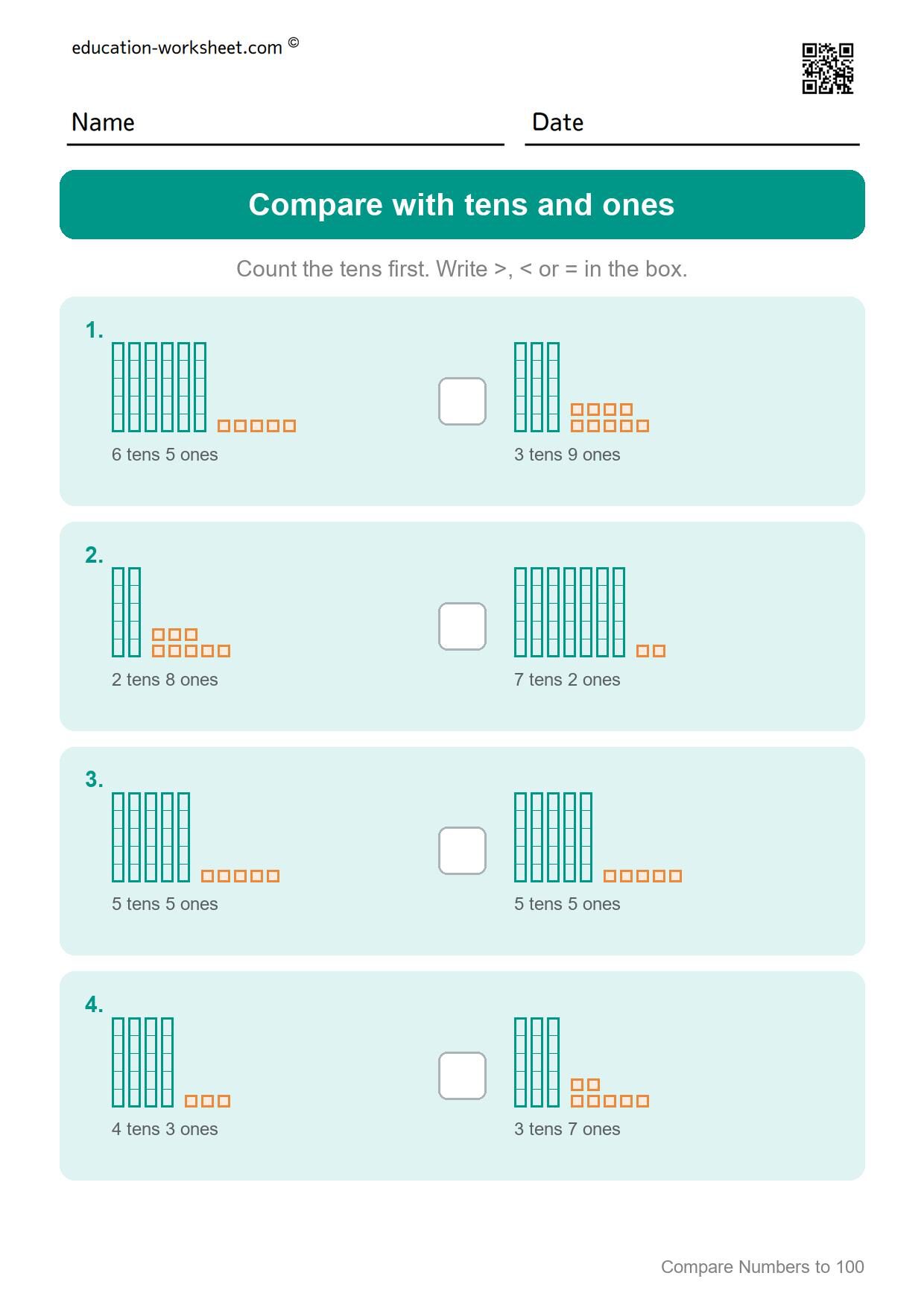 Compare with tens and ones (Set 5) - Free Comparing Numbers Worksheets for Grade 1 - Greater Less