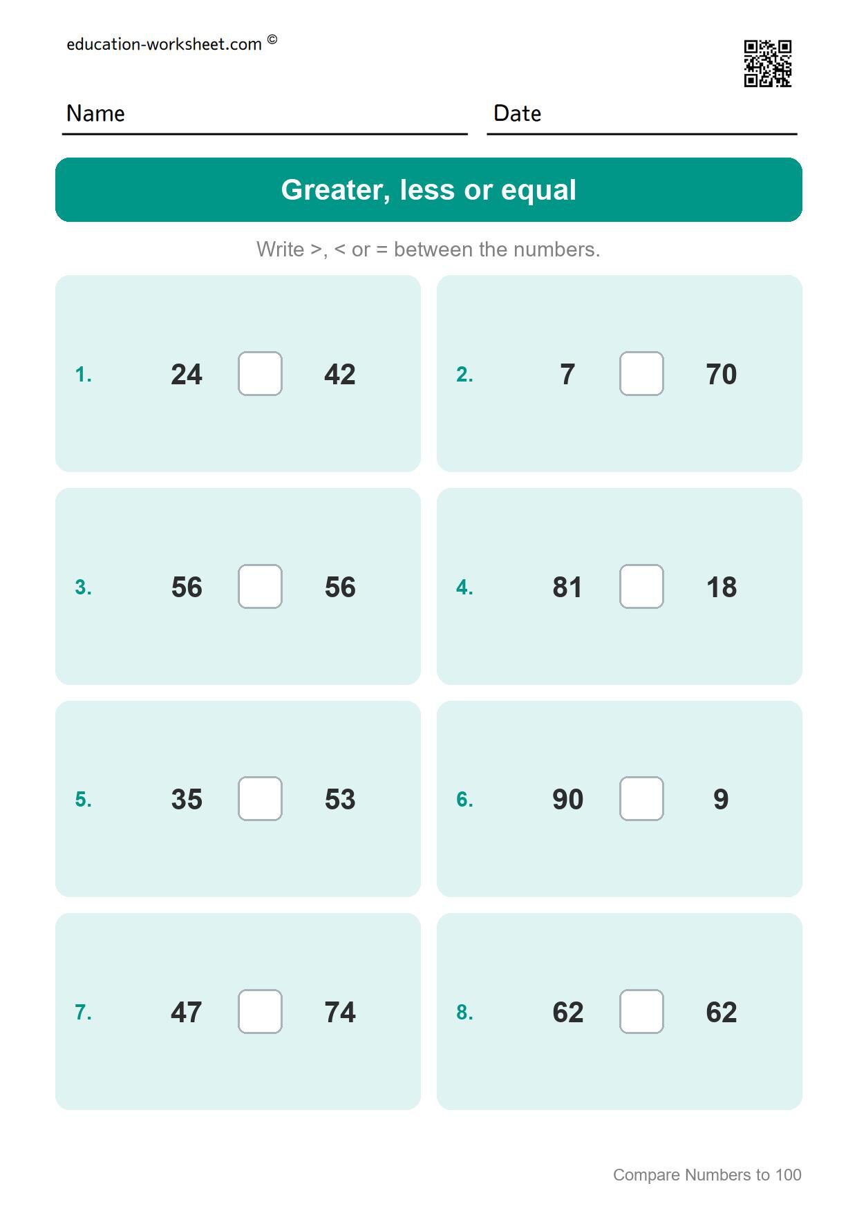 Greater, less or equal (Set 6) - Free Comparing Numbers Worksheets for Grade 1 - Greater Less