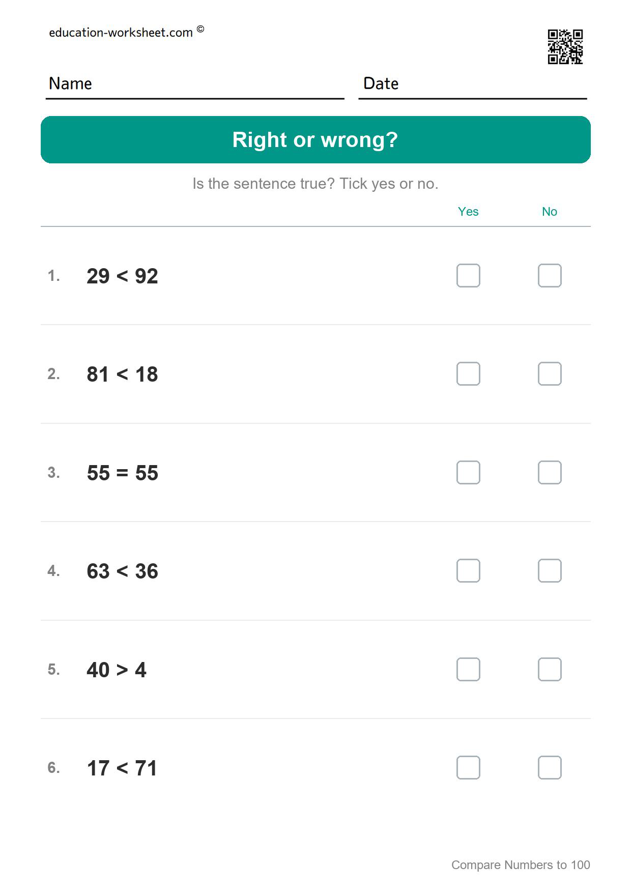 Right or wrong? (Set 7) - Free Comparing Numbers Worksheets for Grade 1 - Greater Less