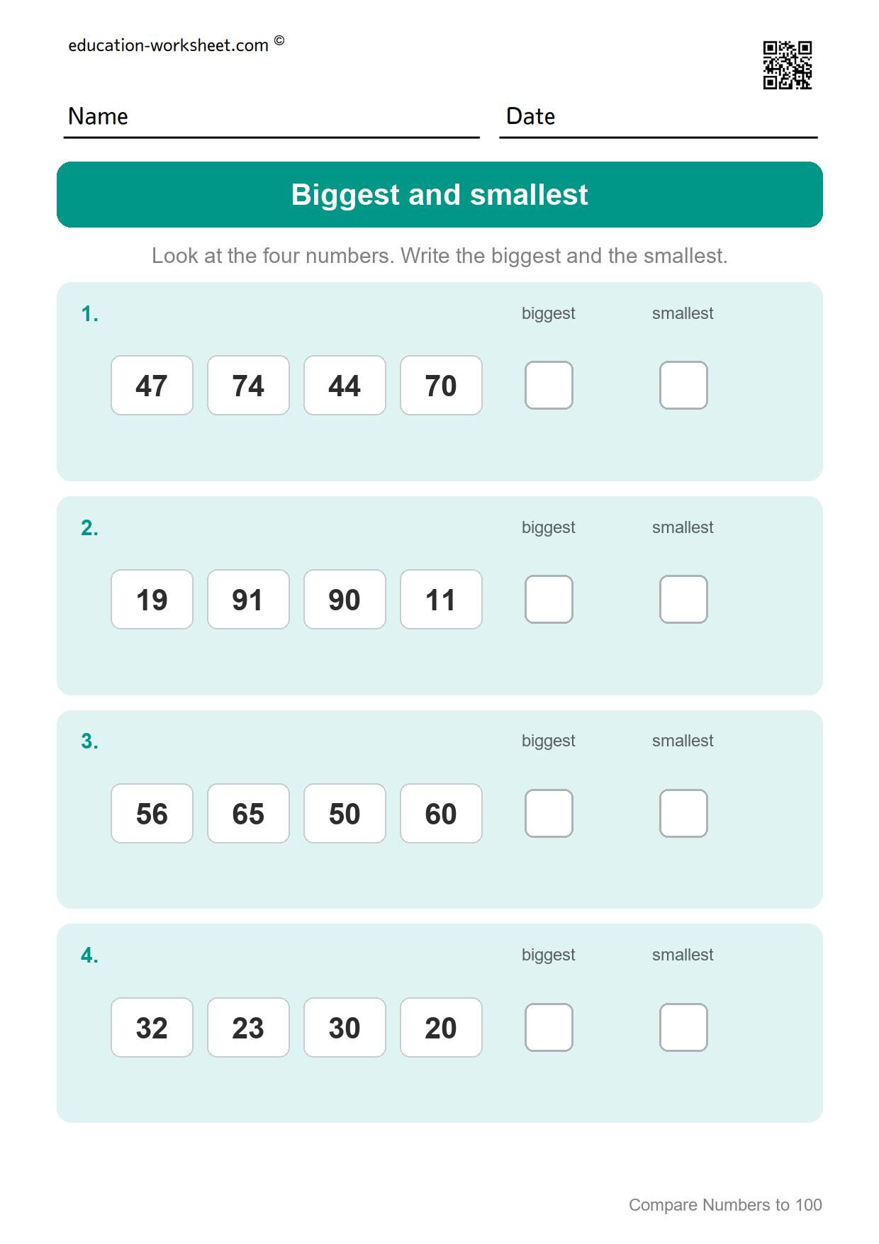 Biggest and smallest (Set 8) - Free Comparing Numbers Worksheets for Grade 1 - Greater Less