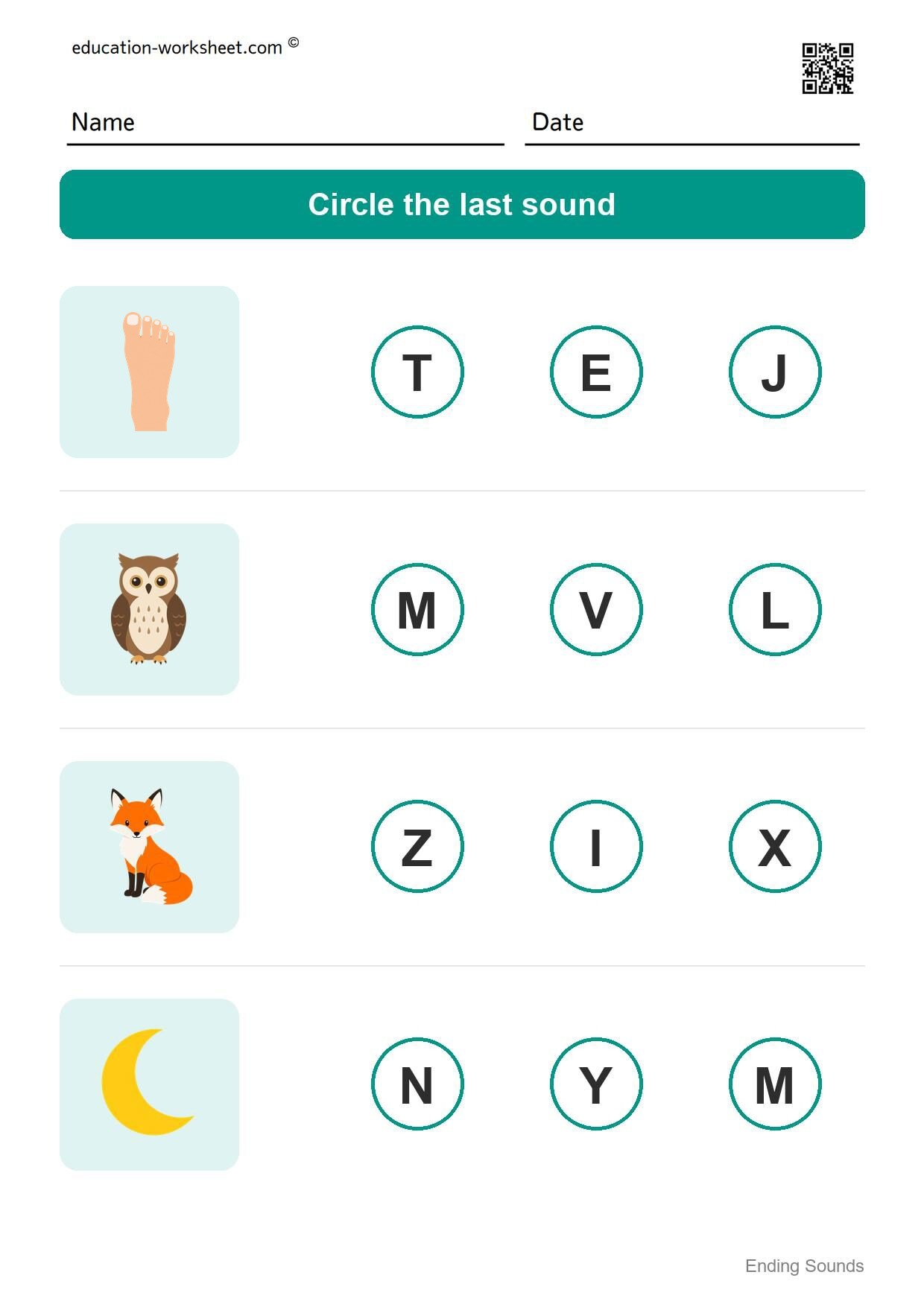 Ending sounds worksheet 2 for kindergarten - circle the last sound for foot, owl, fox and moon