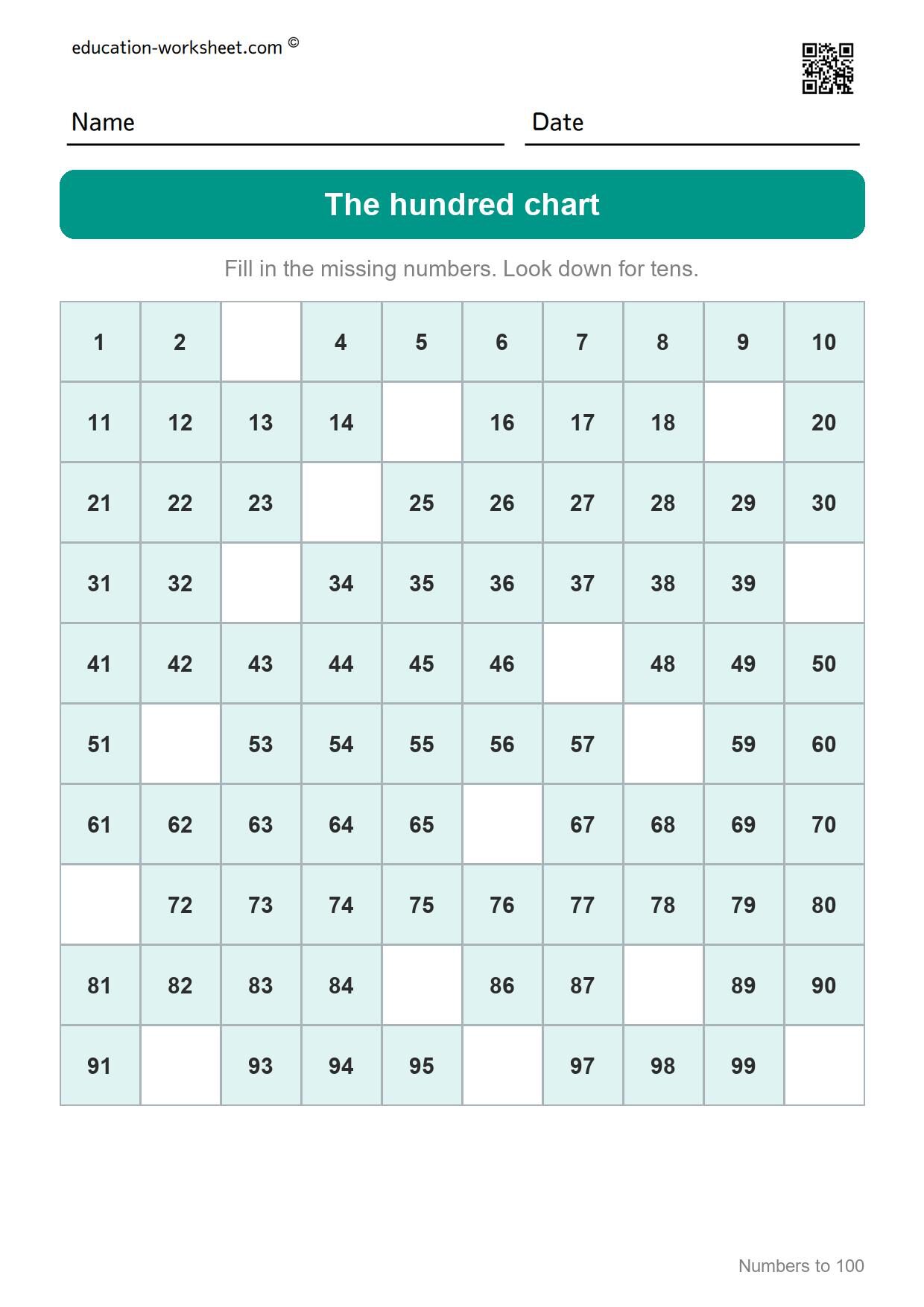 Hundred chart (Set 9) - Free Numbers to 100 Worksheets for Grade 1 - Hundred Chart