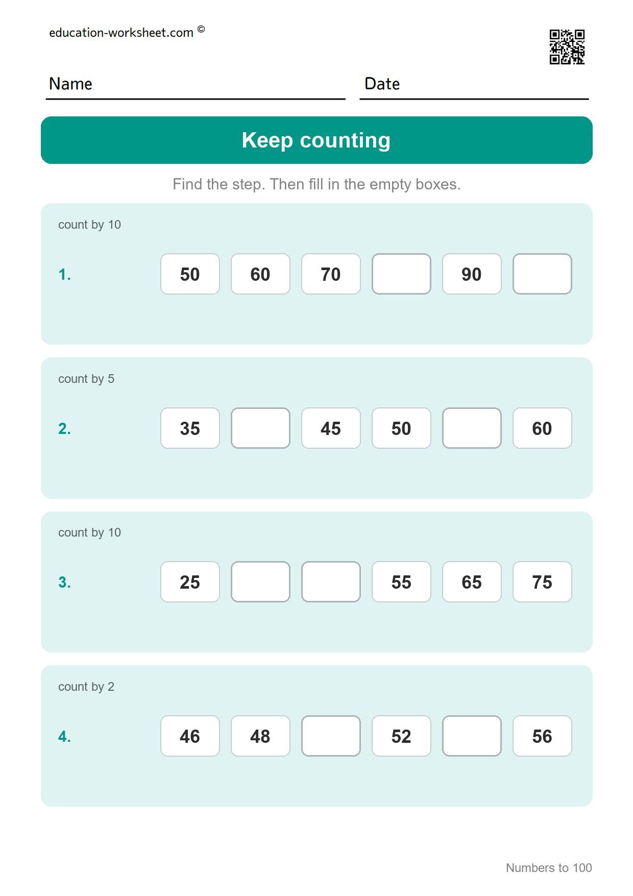 Keep counting (Set 10) - Free Numbers to 100 Worksheets for Grade 1 - Hundred Chart