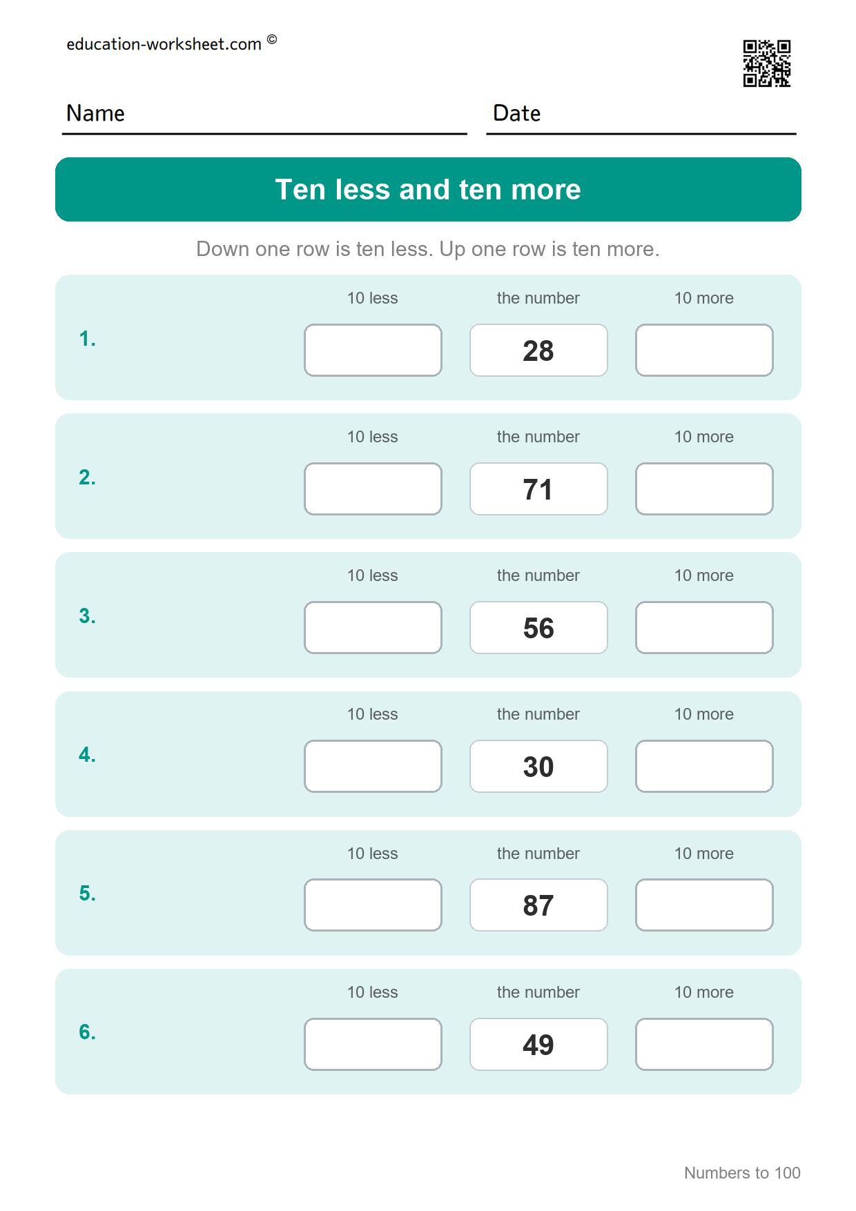 Ten less and ten more (Set 11) - Free Numbers to 100 Worksheets for Grade 1 - Hundred Chart