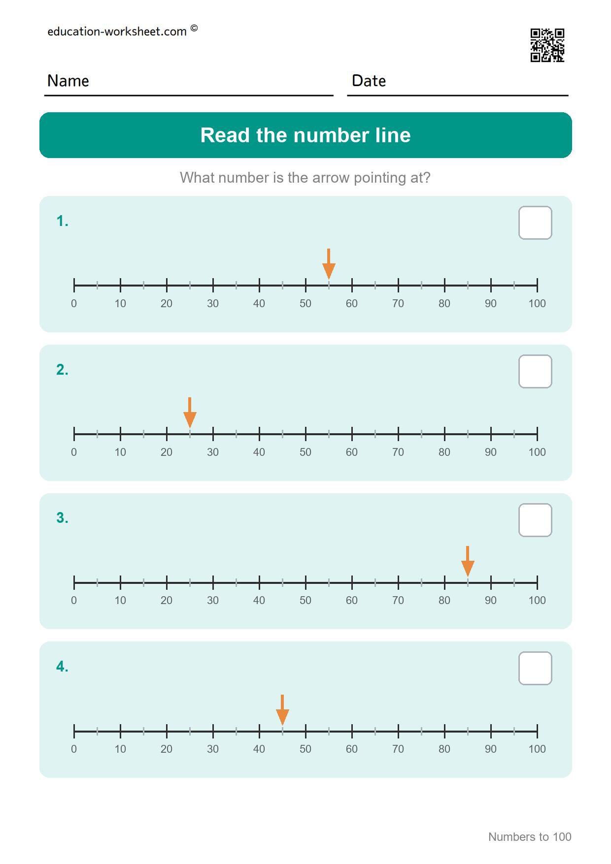 Read the number line (Set 12) - Free Numbers to 100 Worksheets for Grade 1 - Hundred Chart