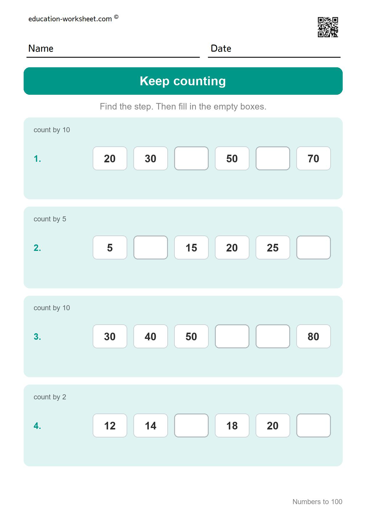 Keep counting (Set 2) - Free Numbers to 100 Worksheets for Grade 1 - Hundred Chart