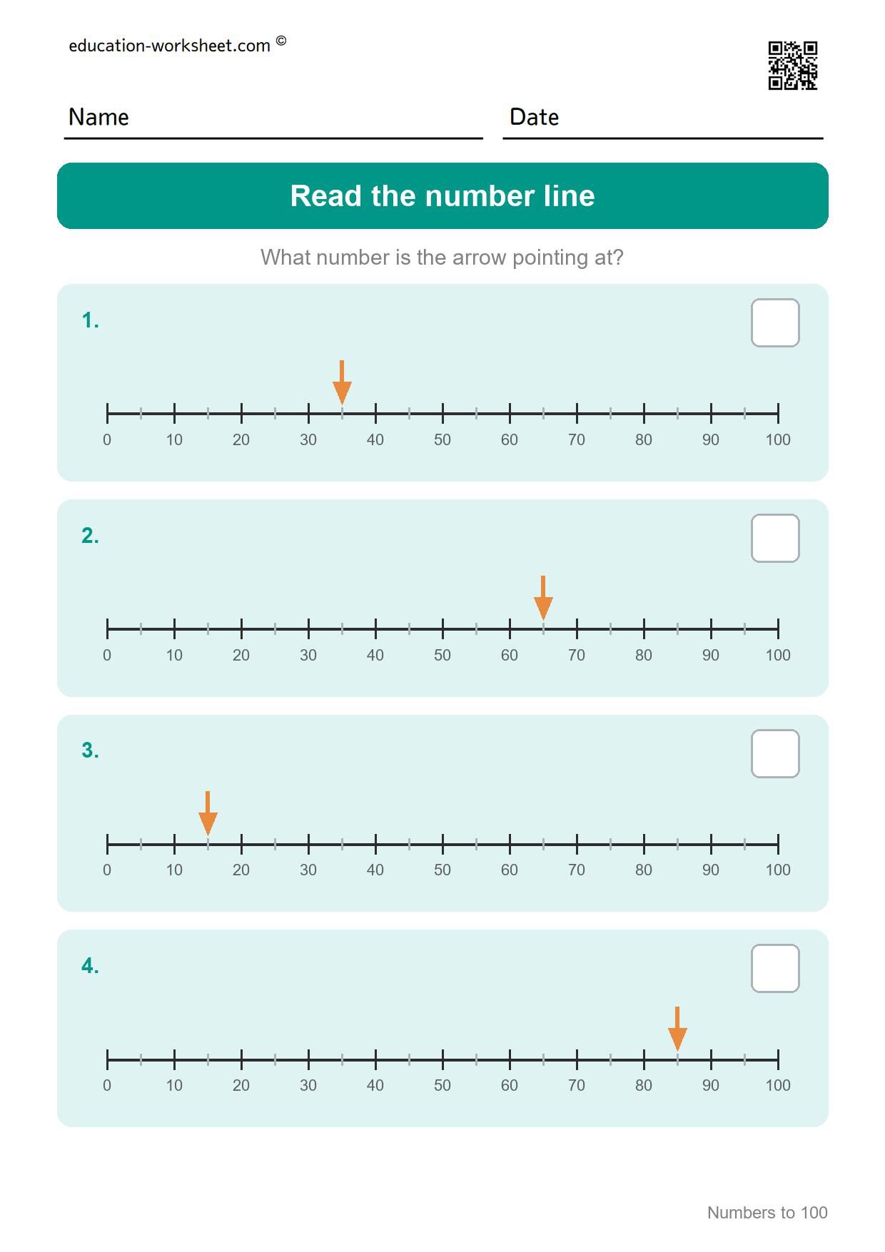 Read the number line (Set 4) - Free Numbers to 100 Worksheets for Grade 1 - Hundred Chart