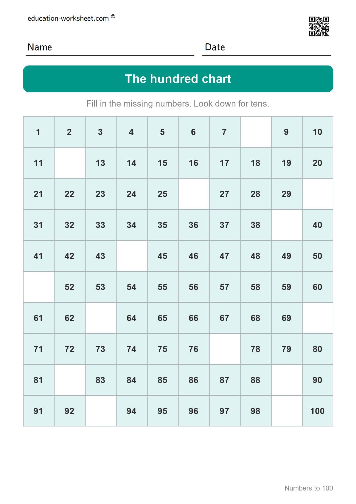 Hundred chart (Set 5) - Free Numbers to 100 Worksheets for Grade 1 - Hundred Chart