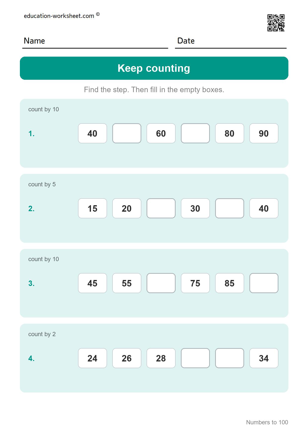 Keep counting (Set 6) - Free Numbers to 100 Worksheets for Grade 1 - Hundred Chart