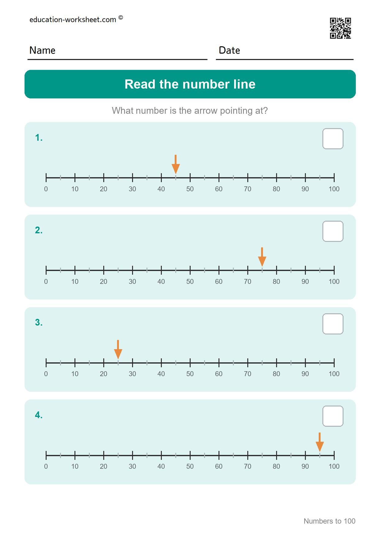 Read the number line (Set 8) - Free Numbers to 100 Worksheets for Grade 1 - Hundred Chart