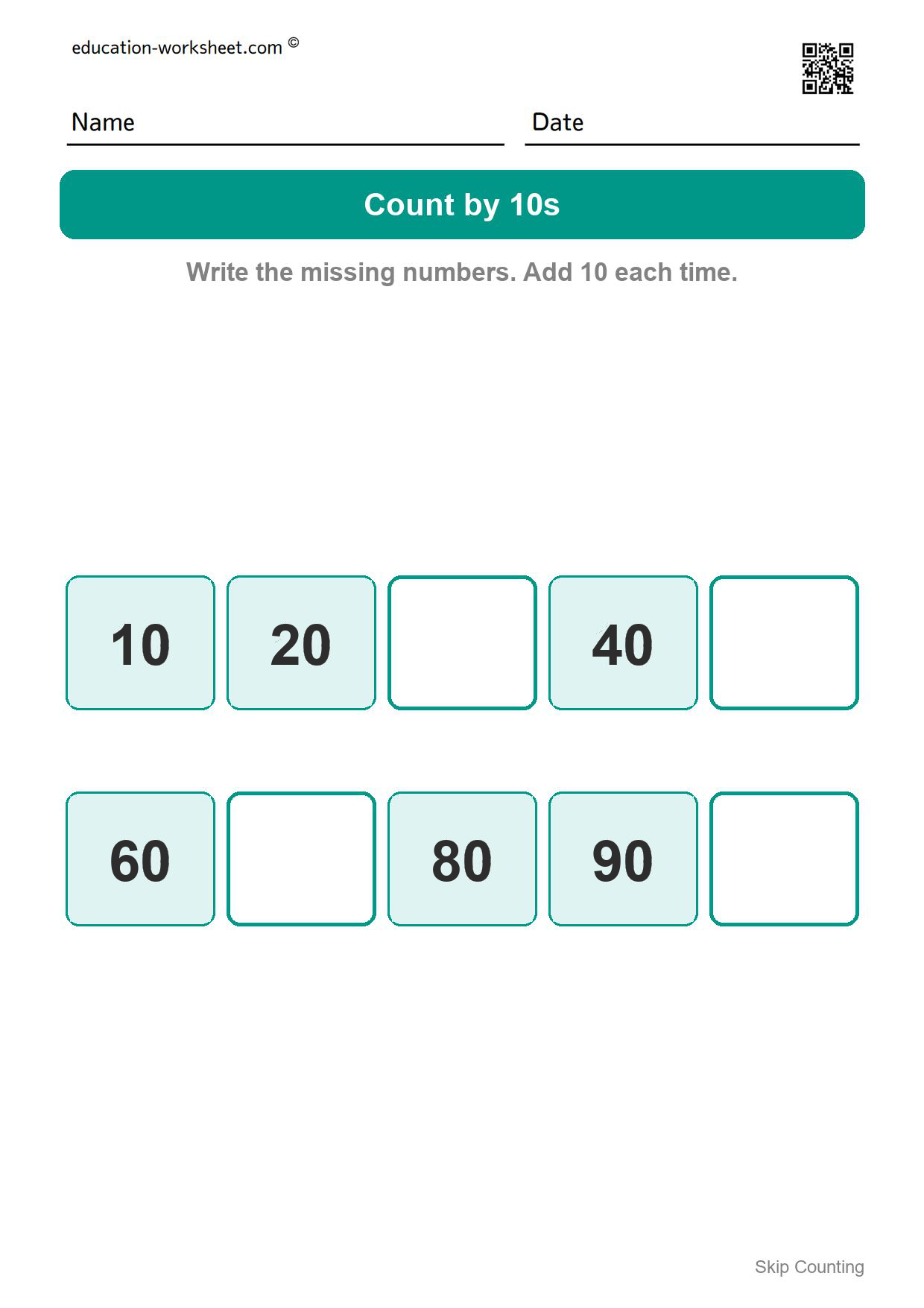 Skip counting worksheet 2 for kindergarten, count by 10s from 10 to 100 with 30, 50, 70 and 100 missing