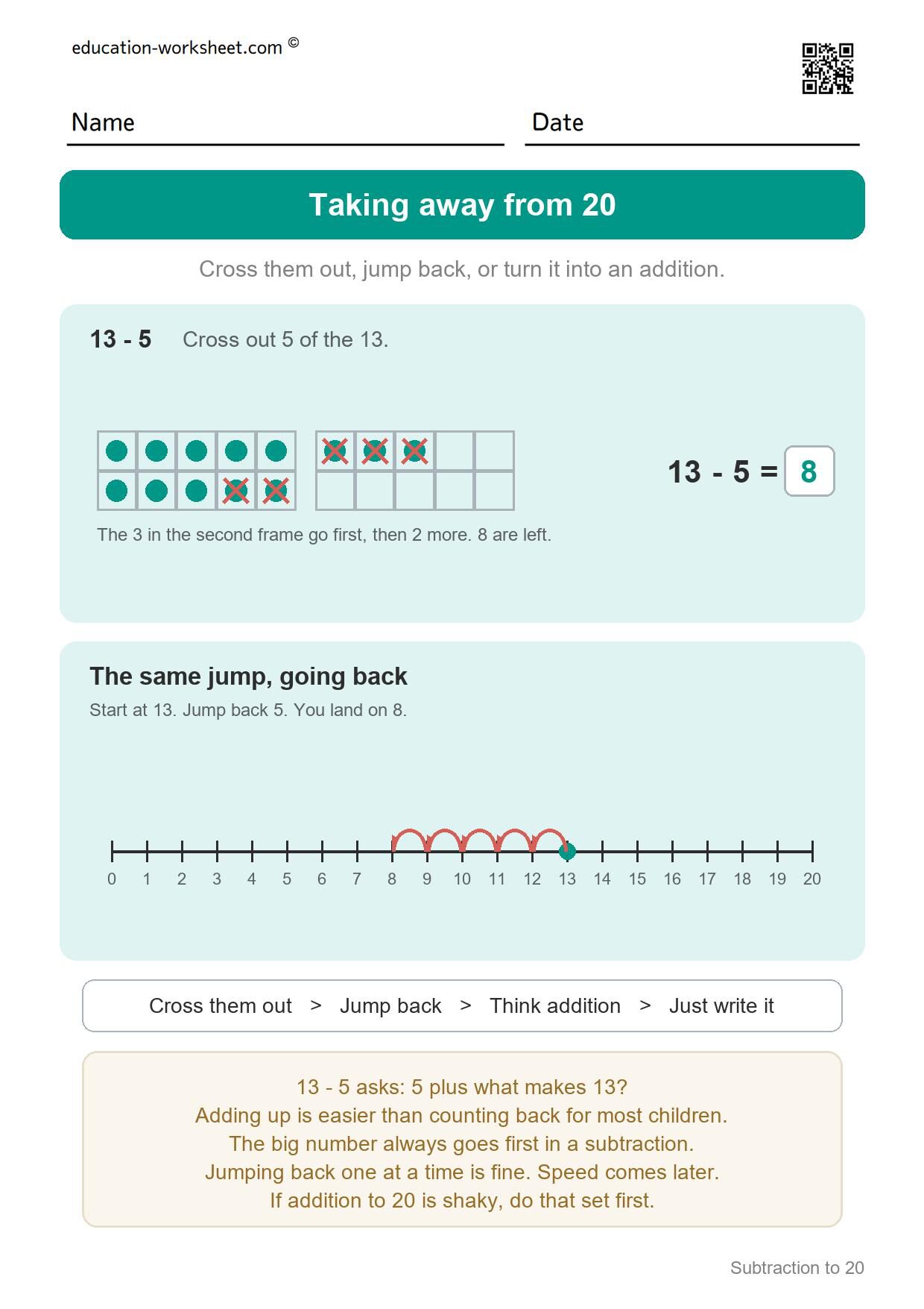 Taking away from 20 (start here) - Free Subtraction to 20 Worksheets for Grade 1 - Ten Frames