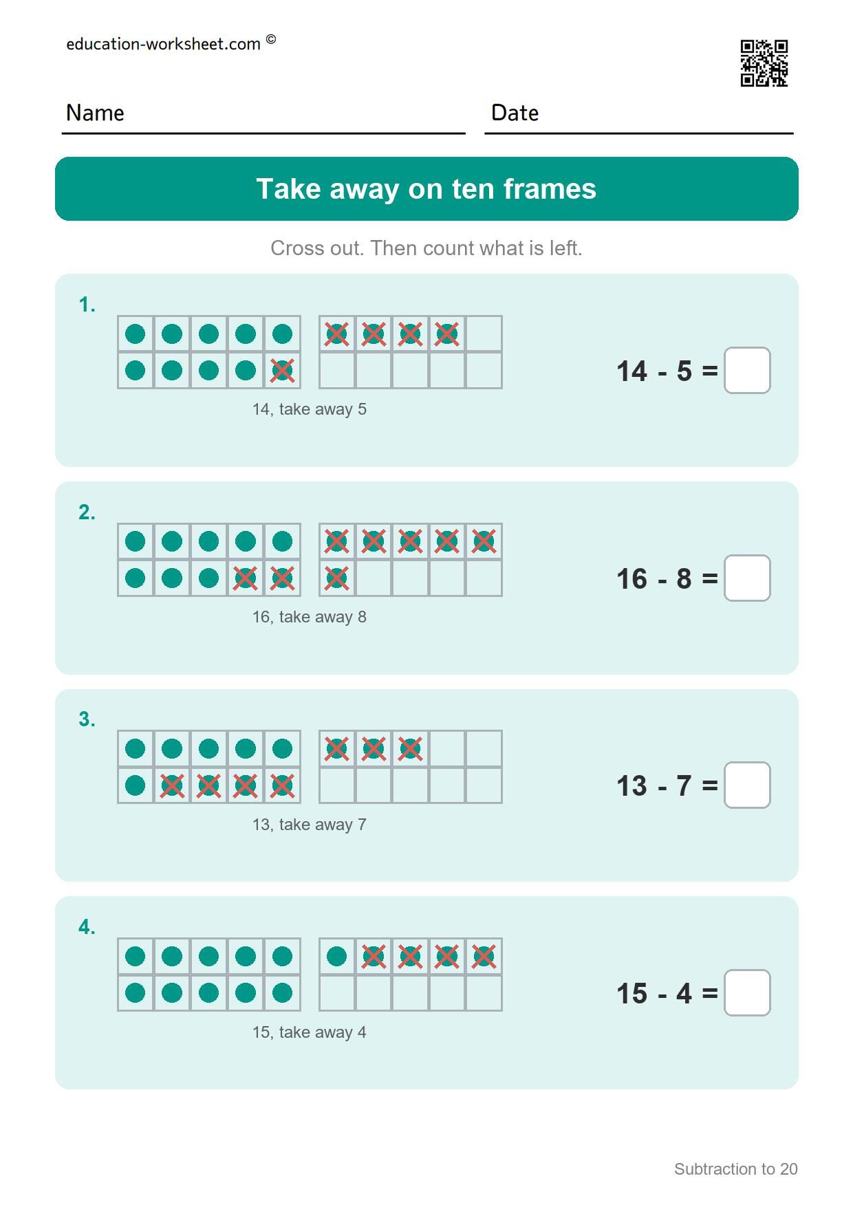 Take away on ten frames (Set 9) - Free Subtraction to 20 Worksheets for Grade 1 - Ten Frames