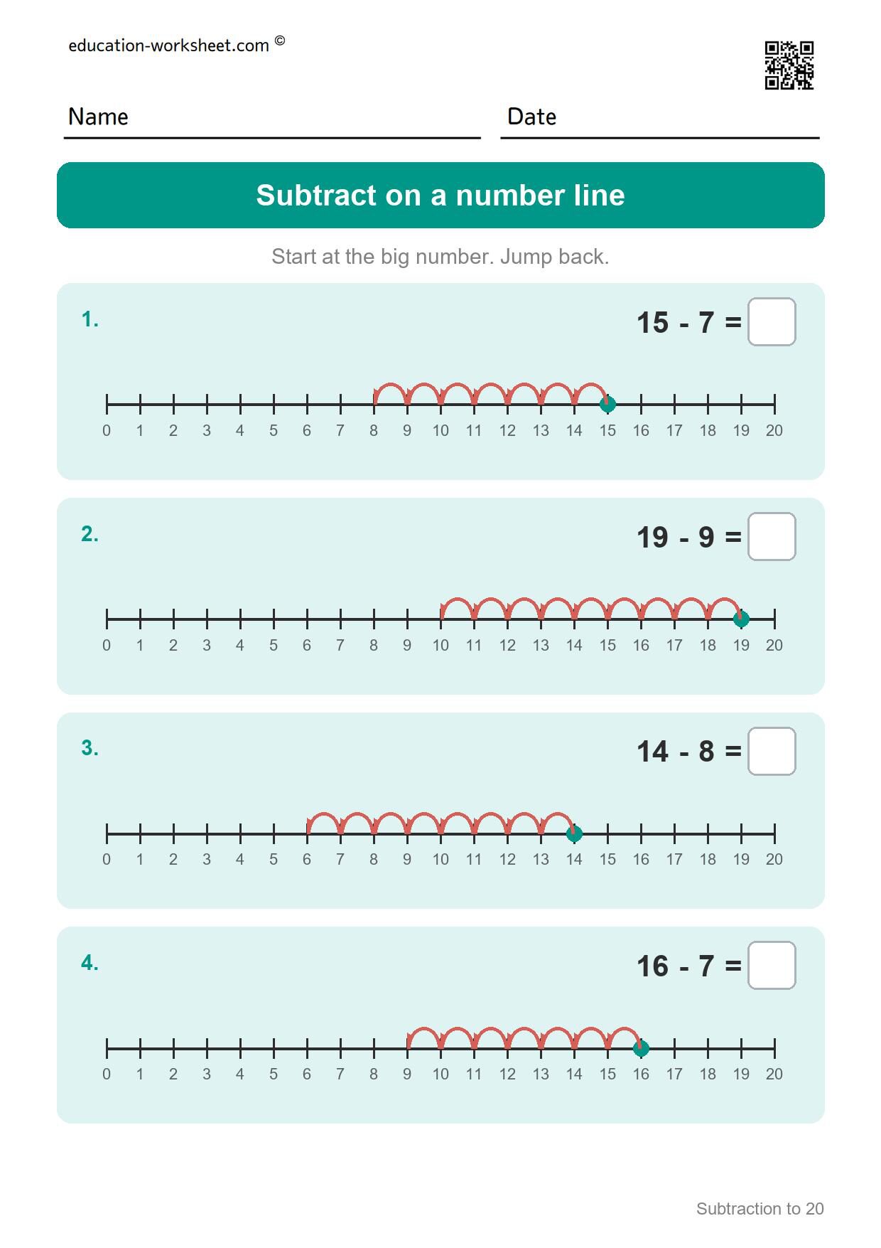 Subtract on a number line (Set 10) - Free Subtraction to 20 Worksheets for Grade 1 - Ten Frames
