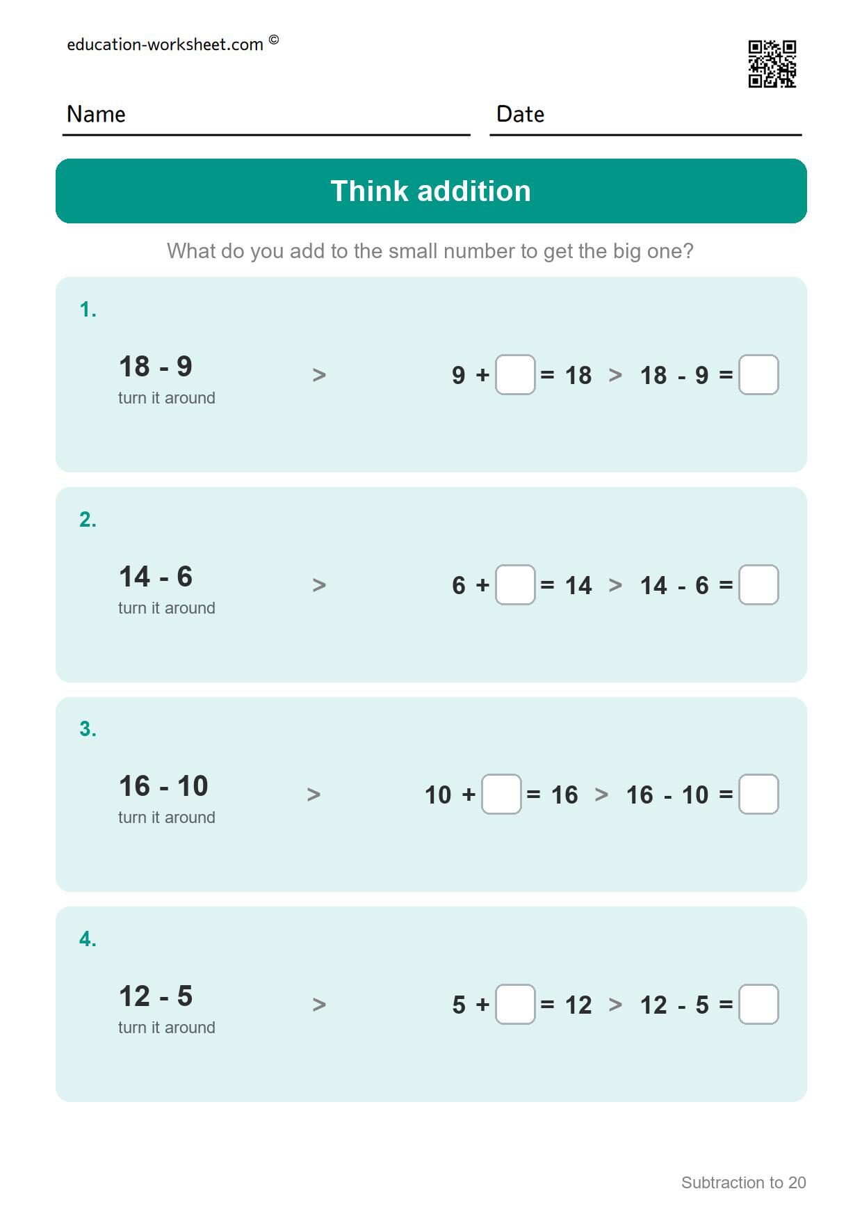 Think addition (Set 11) - Free Subtraction to 20 Worksheets for Grade 1 - Ten Frames