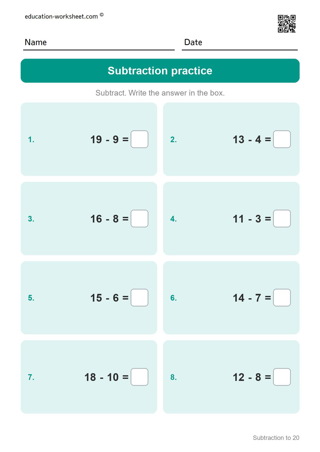 Subtraction practice (Set 12) - Free Subtraction to 20 Worksheets for Grade 1 - Ten Frames