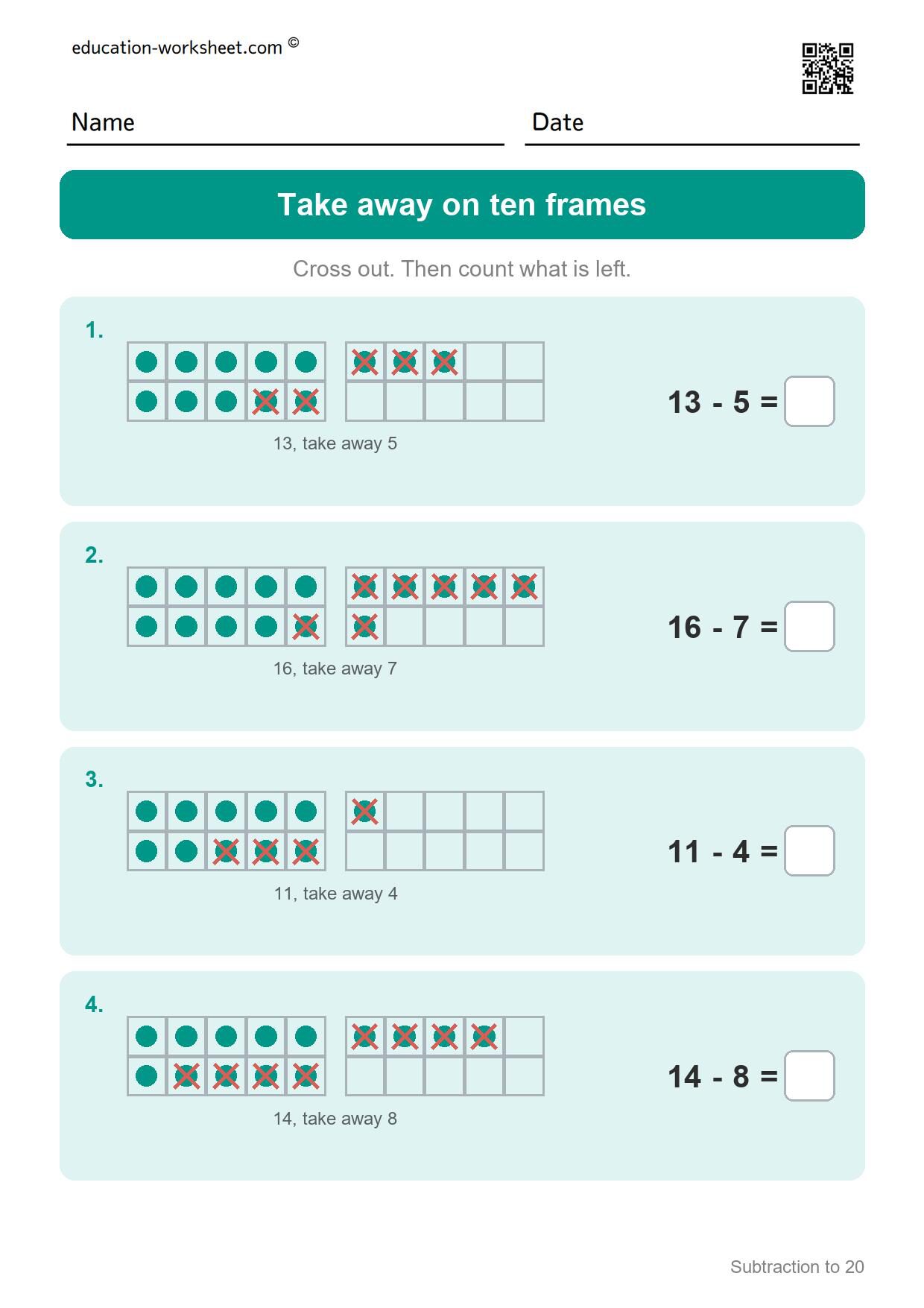 Take away on ten frames (Set 1) - Free Subtraction to 20 Worksheets for Grade 1 - Ten Frames