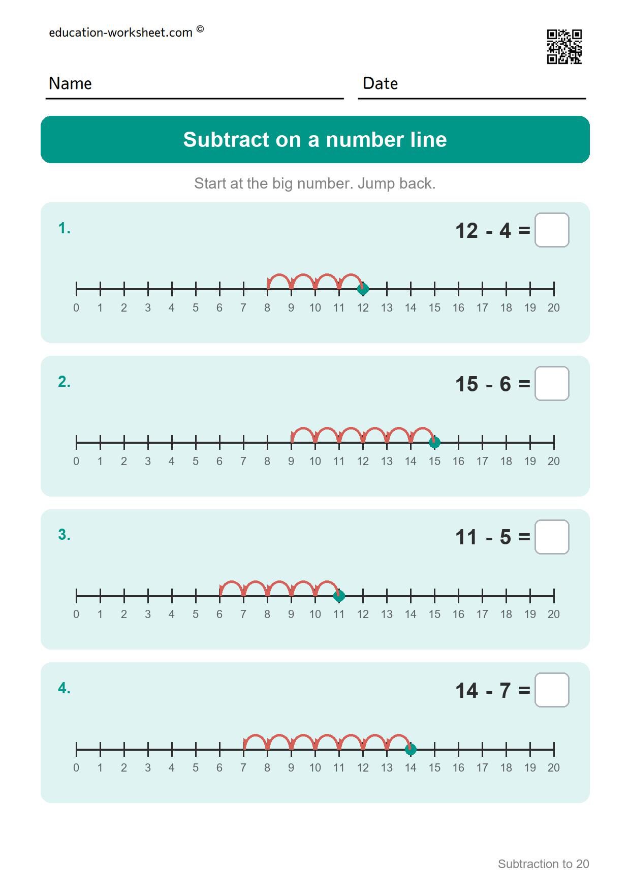Subtract on a number line (Set 2) - Free Subtraction to 20 Worksheets for Grade 1 - Ten Frames