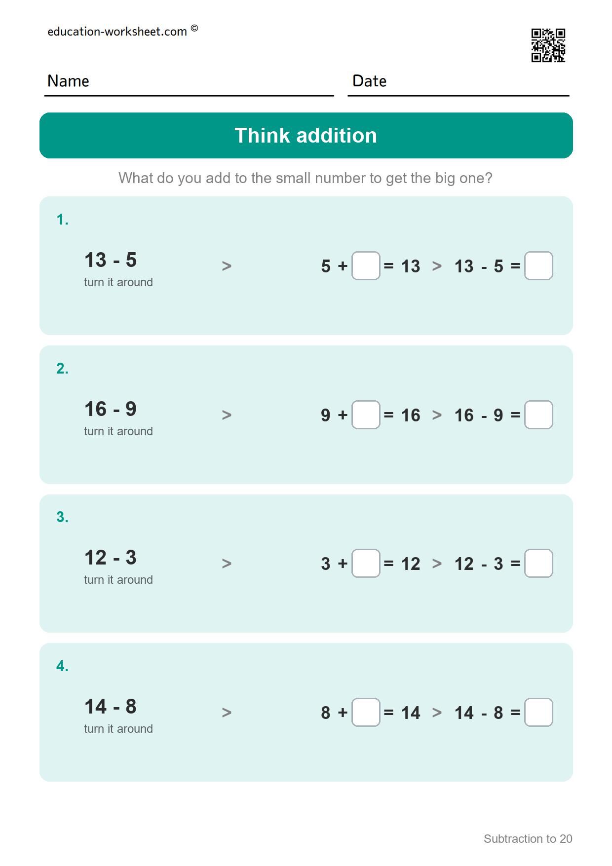 Think addition (Set 3) - Free Subtraction to 20 Worksheets for Grade 1 - Ten Frames