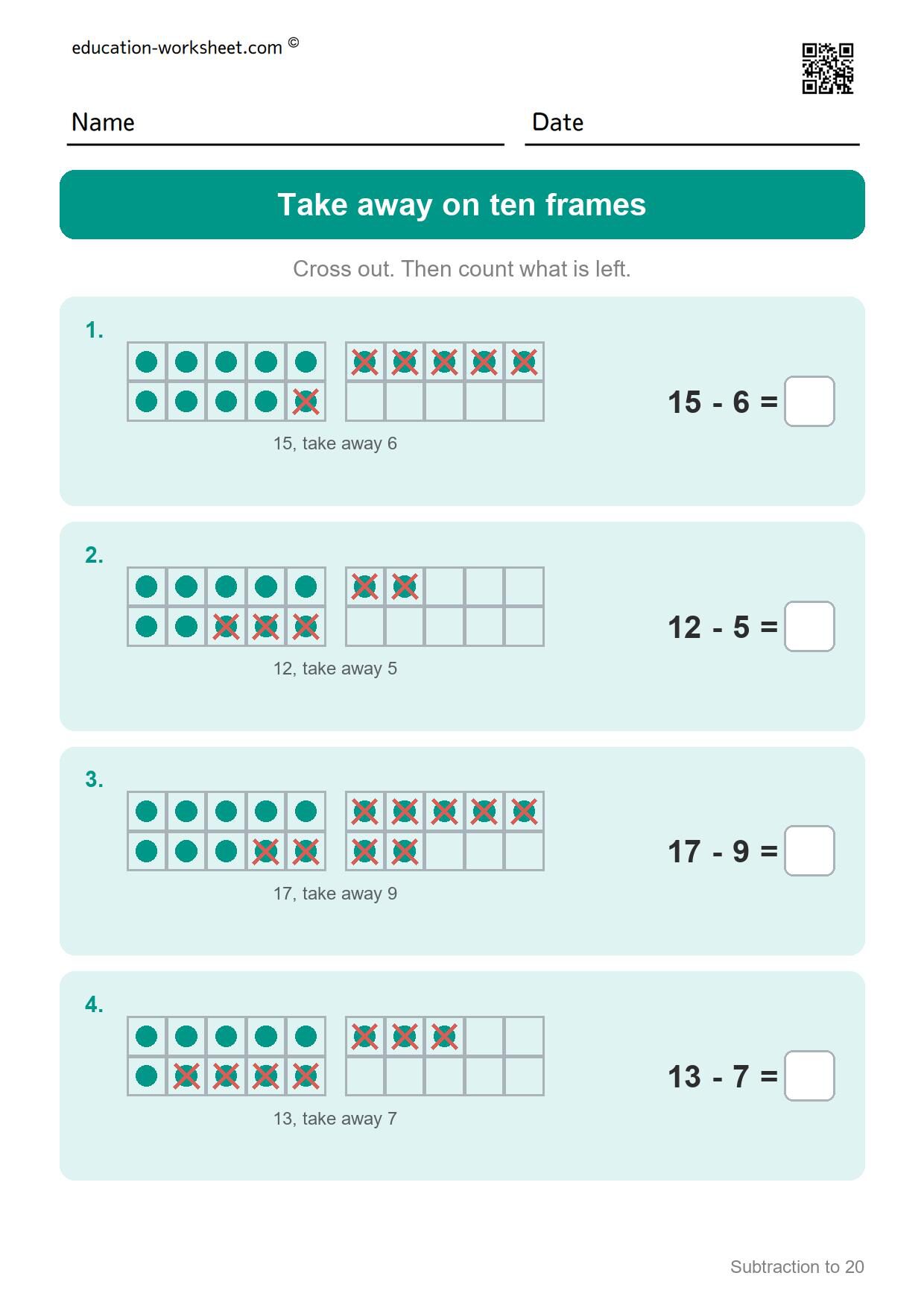 Take away on ten frames (Set 5) - Free Subtraction to 20 Worksheets for Grade 1 - Ten Frames