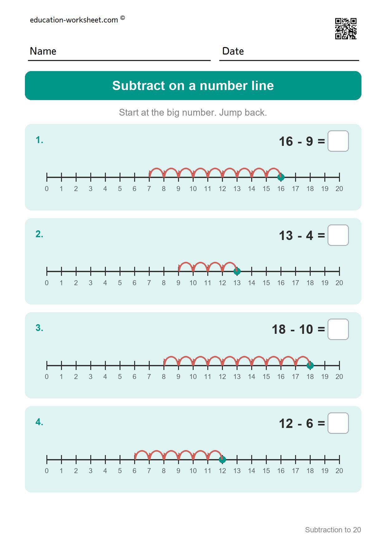 Subtract on a number line (Set 6) - Free Subtraction to 20 Worksheets for Grade 1 - Ten Frames