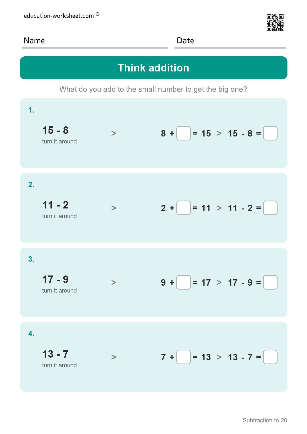 Think addition (Set 7) - Free Subtraction to 20 Worksheets for Grade 1 - Ten Frames