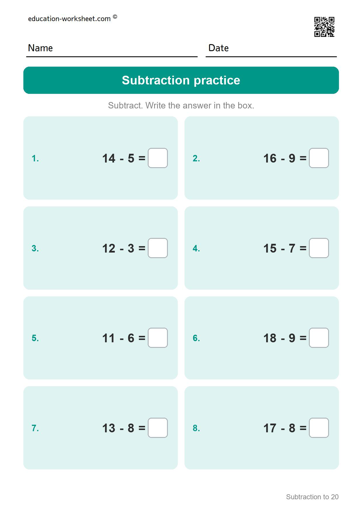Subtraction practice (Set 8) - Free Subtraction to 20 Worksheets for Grade 1 - Ten Frames