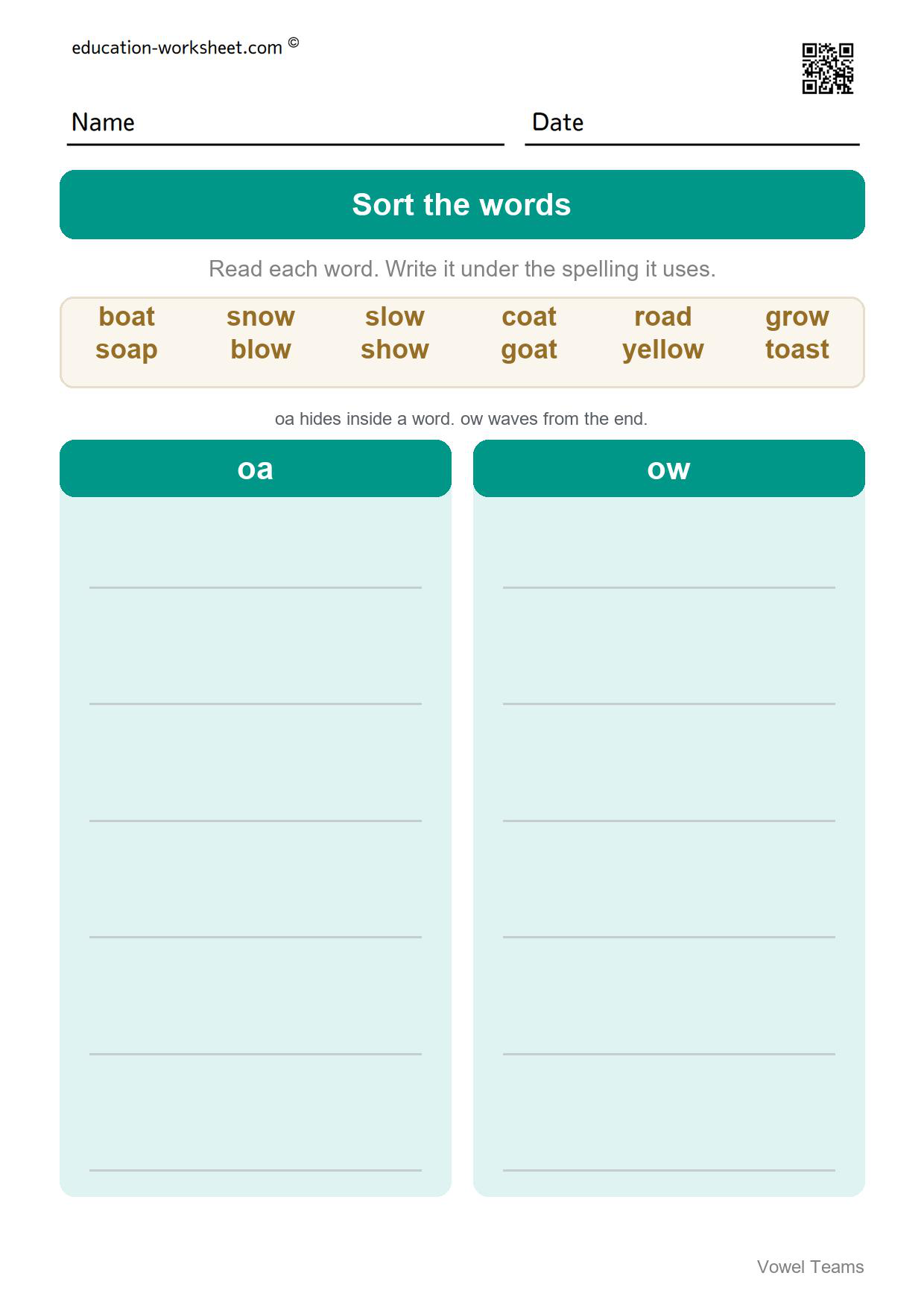 Sort long o words - oa and ow (Set 9) - Free Vowel Teams Worksheets for Grade 1 - Long Vowel Sounds