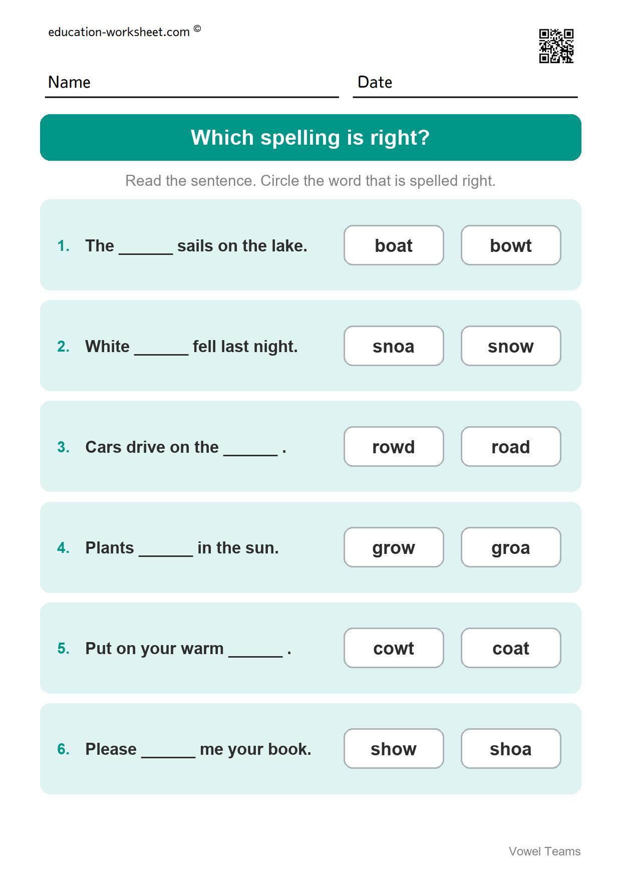 Which spelling is right? long o (Set 10) - Free Vowel Teams Worksheets for Grade 1 - Long Vowel Sounds