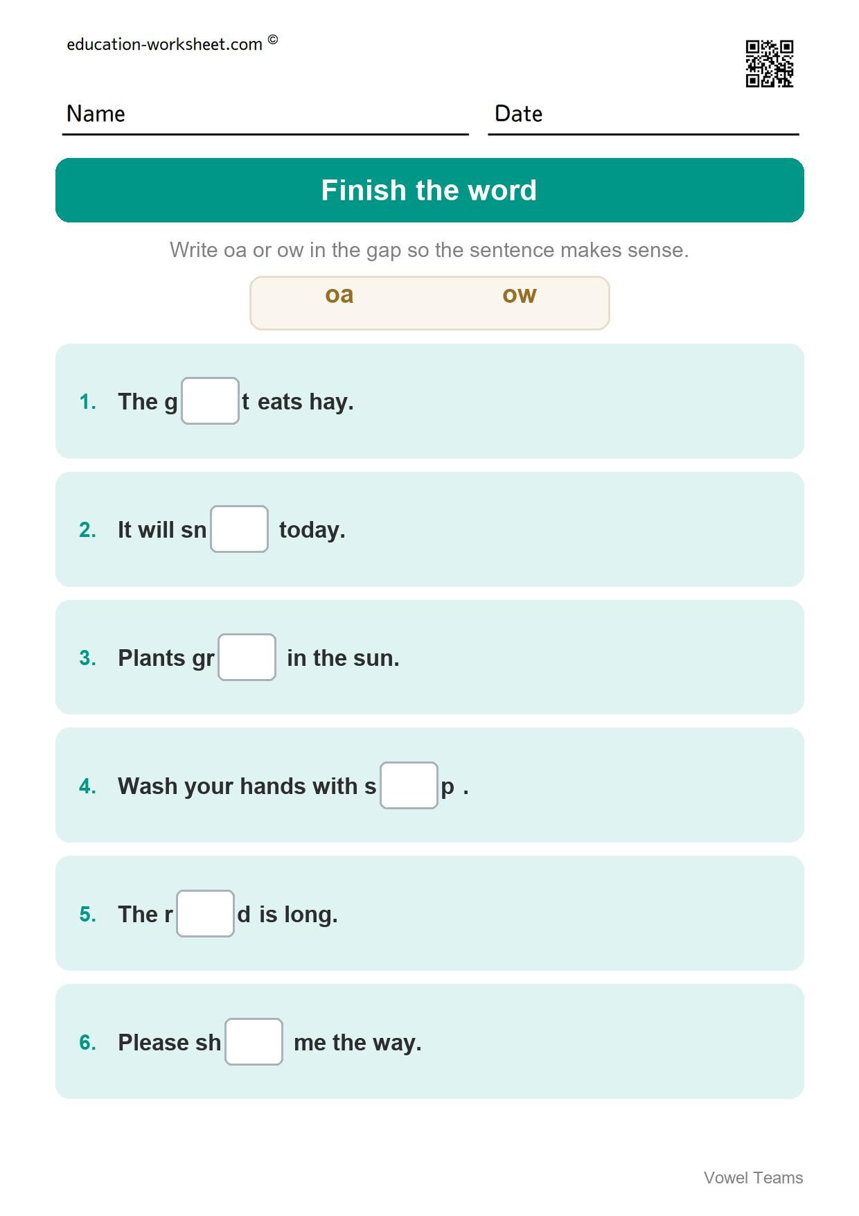 Finish the word - oa or ow (Set 11) - Free Vowel Teams Worksheets for Grade 1 - Long Vowel Sounds