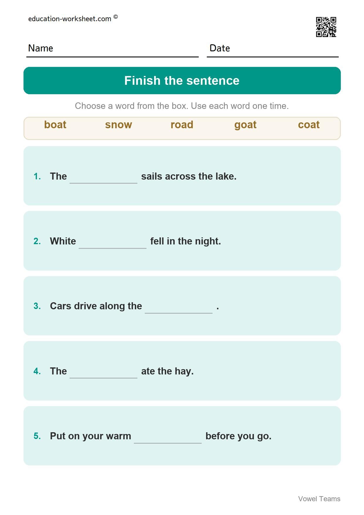 Finish the sentence - long o words (Set 12) - Free Vowel Teams Worksheets for Grade 1 - Long Vowel Sounds
