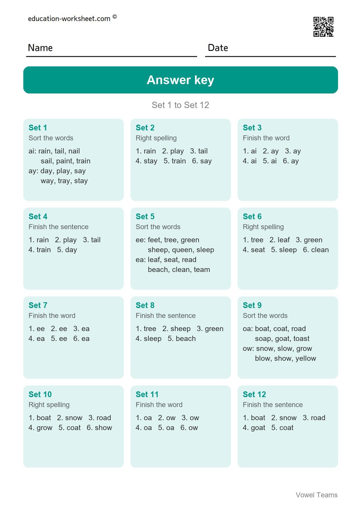 Answer key - Free Vowel Teams Worksheets for Grade 1 - Long Vowel Sounds
