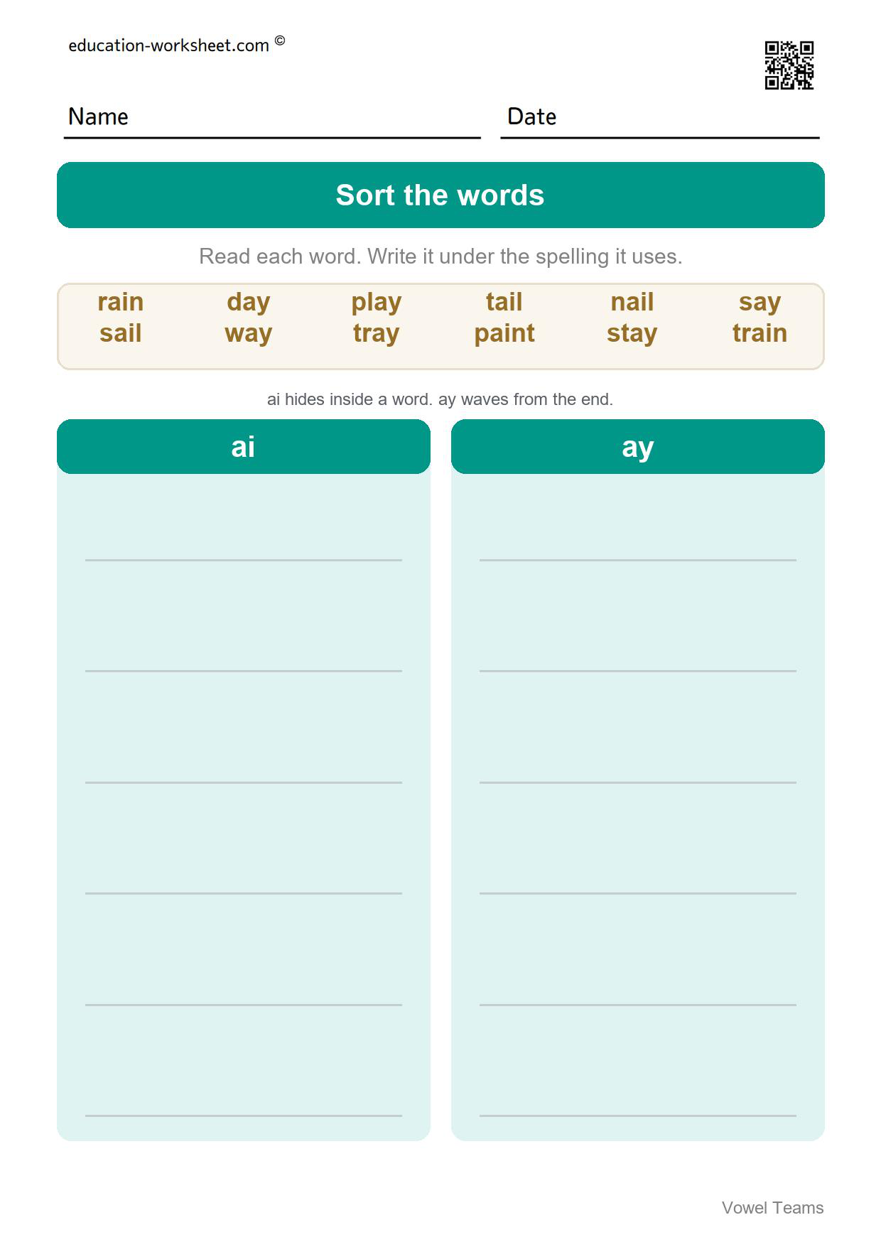 Sort long a words - ai and ay (Set 1) - Free Vowel Teams Worksheets for Grade 1 - Long Vowel Sounds