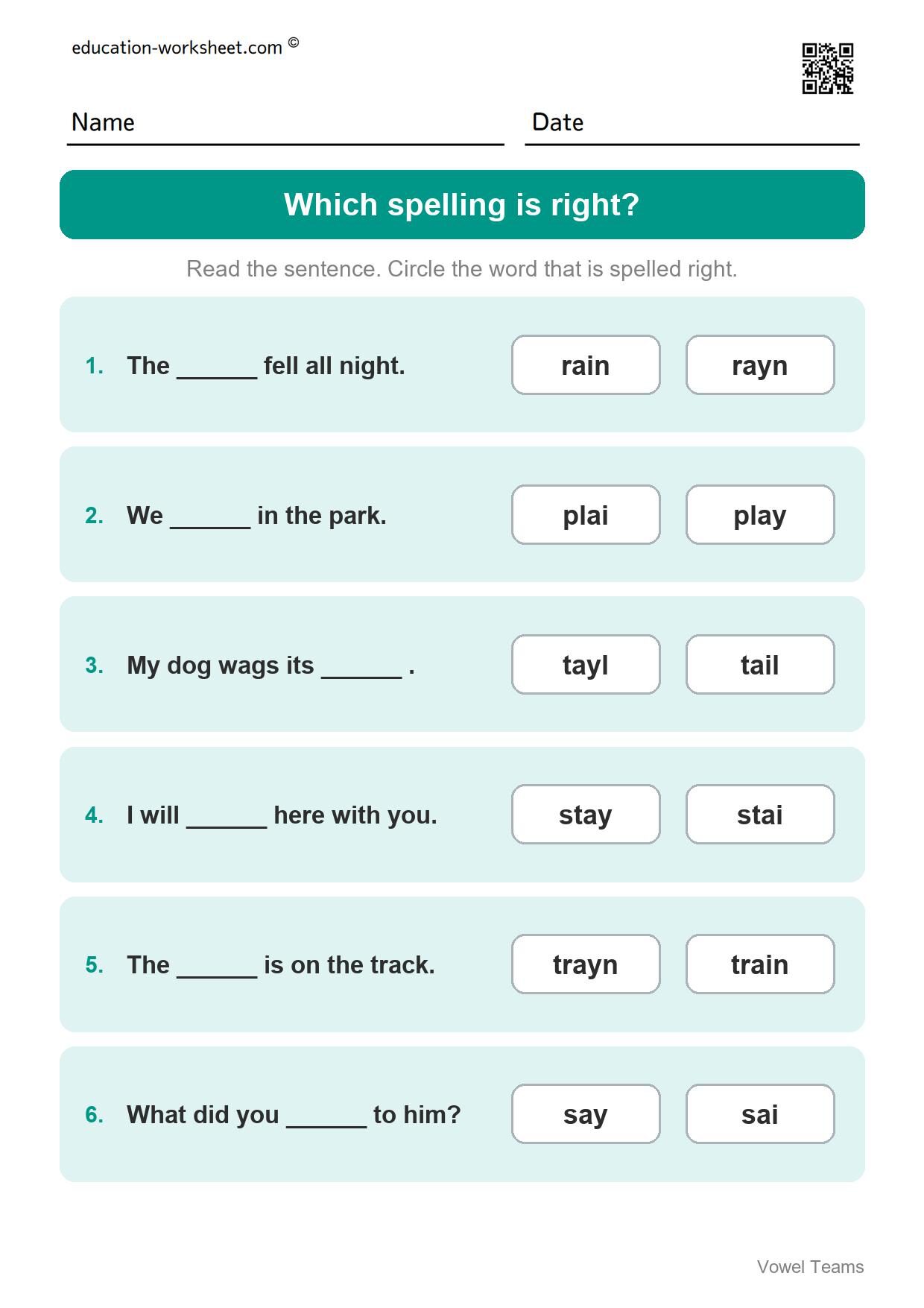 Which spelling is right? long a (Set 2) - Free Vowel Teams Worksheets for Grade 1 - Long Vowel Sounds