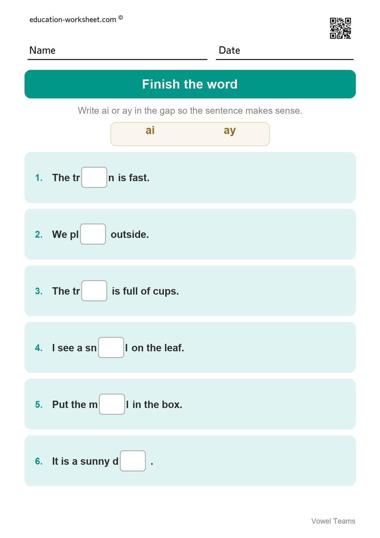 Finish the word - ai or ay (Set 3) - Free Vowel Teams Worksheets for Grade 1 - Long Vowel Sounds