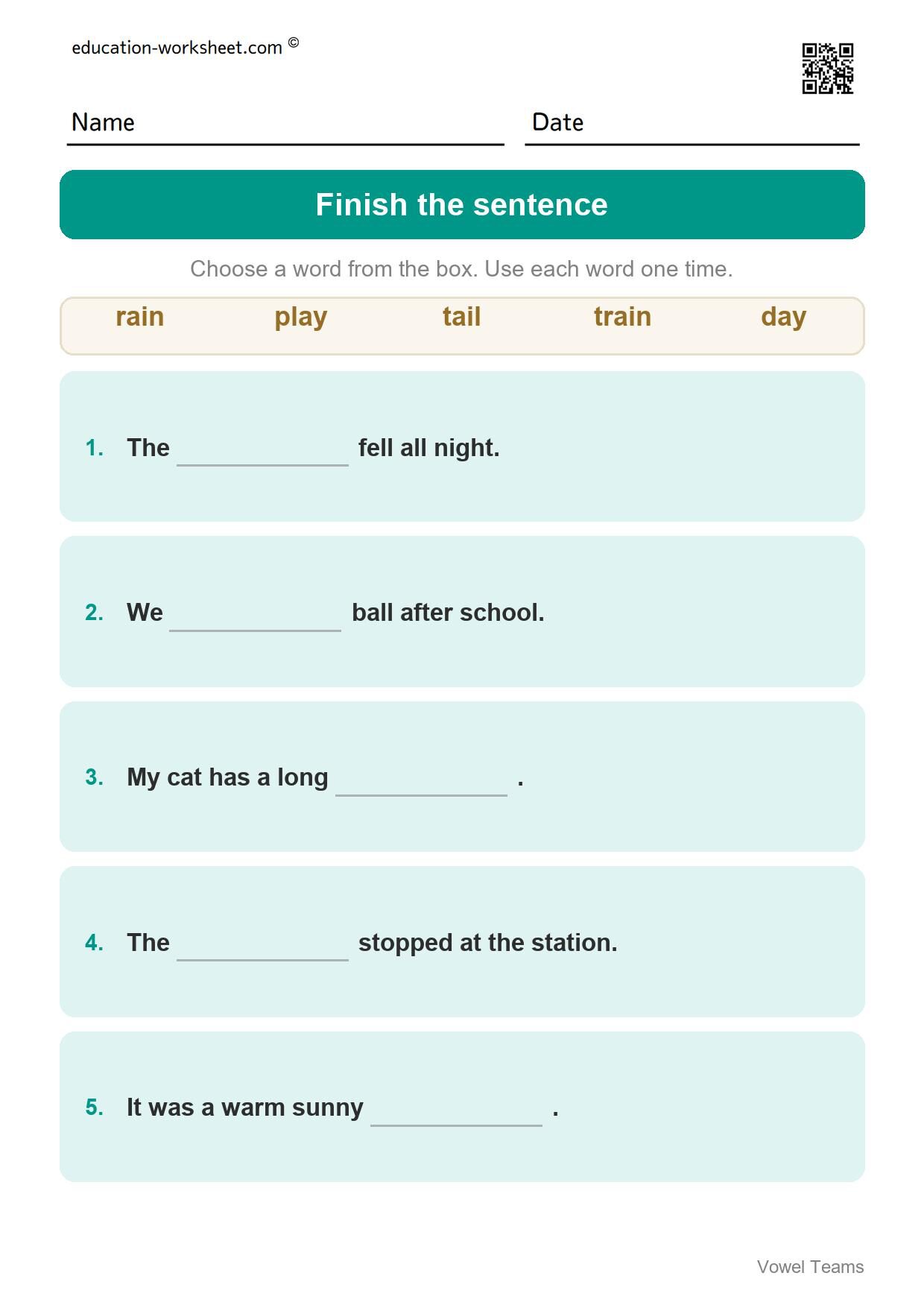 Finish the sentence - long a words (Set 4) - Free Vowel Teams Worksheets for Grade 1 - Long Vowel Sounds