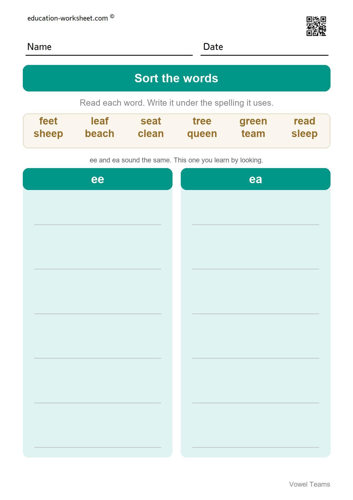 Sort long e words - ee and ea (Set 5) - Free Vowel Teams Worksheets for Grade 1 - Long Vowel Sounds