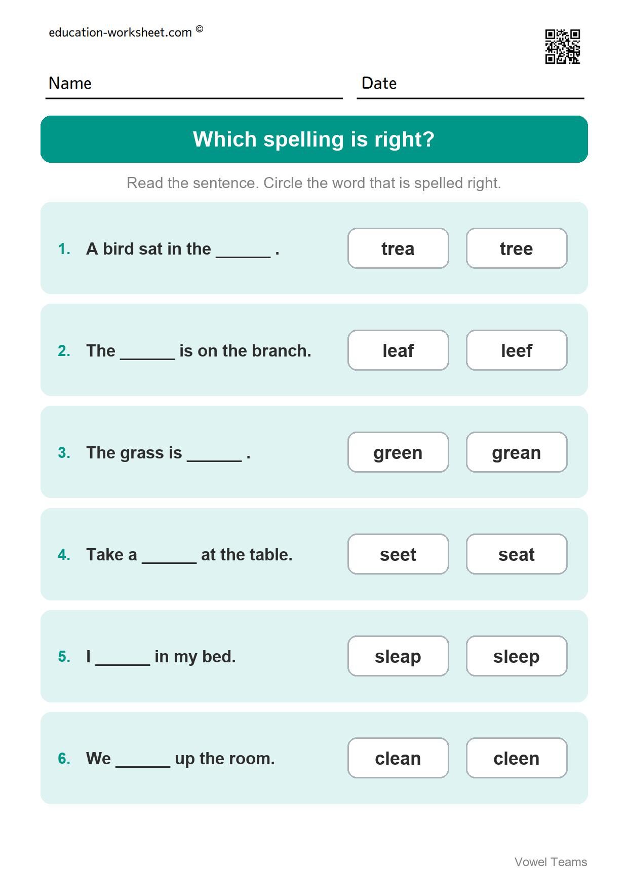 Which spelling is right? long e (Set 6) - Free Vowel Teams Worksheets for Grade 1 - Long Vowel Sounds