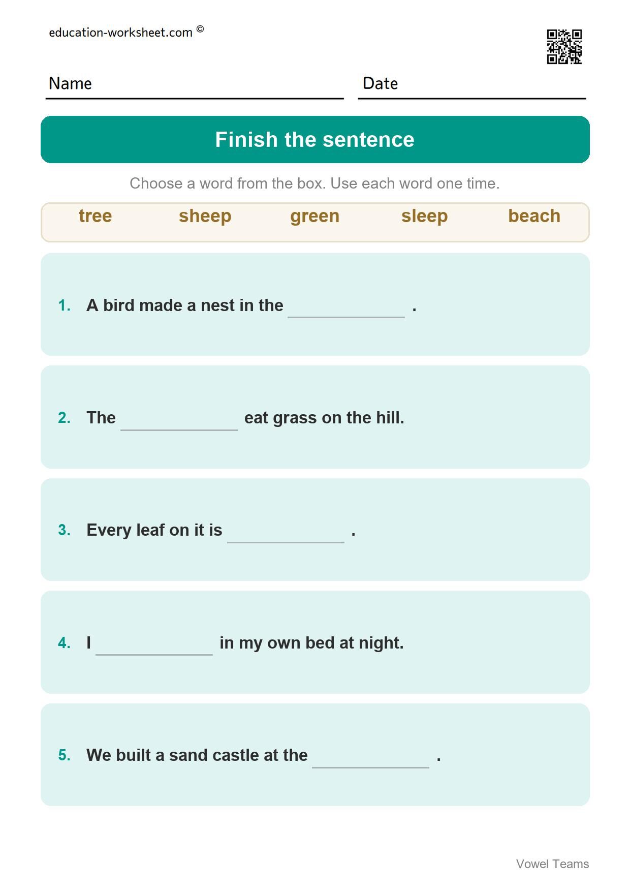 Finish the sentence - long e words (Set 8) - Free Vowel Teams Worksheets for Grade 1 - Long Vowel Sounds