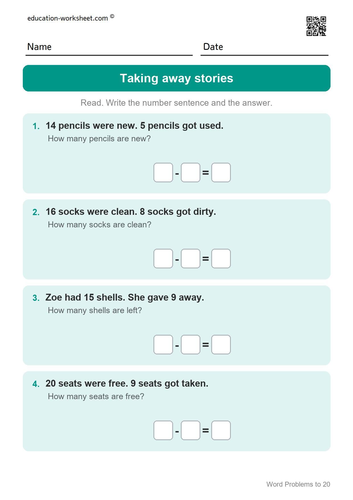 Subtraction word problems (Set 10) - Free Word Problems to 20 Worksheets for Grade 1 - Math